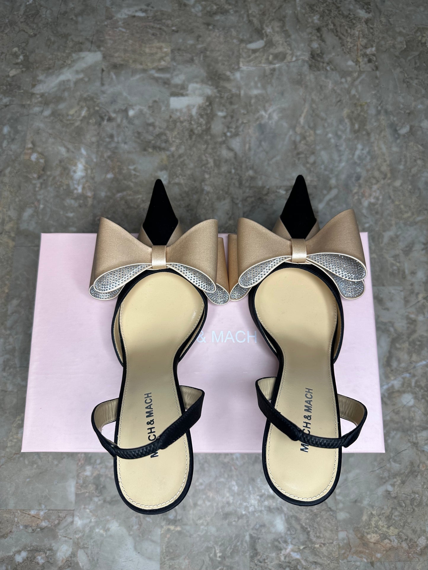 Mach & Mach Crystal Bow Pumps Size 40 | Cream & Black Pointed Toe Slingback Heels | New in Box