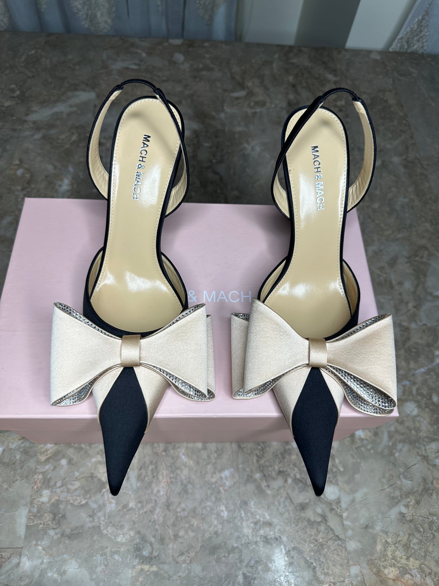 Mach & Mach Crystal Bow Pumps Size 40 | Cream & Black Pointed Toe Slingback Heels | New in Box