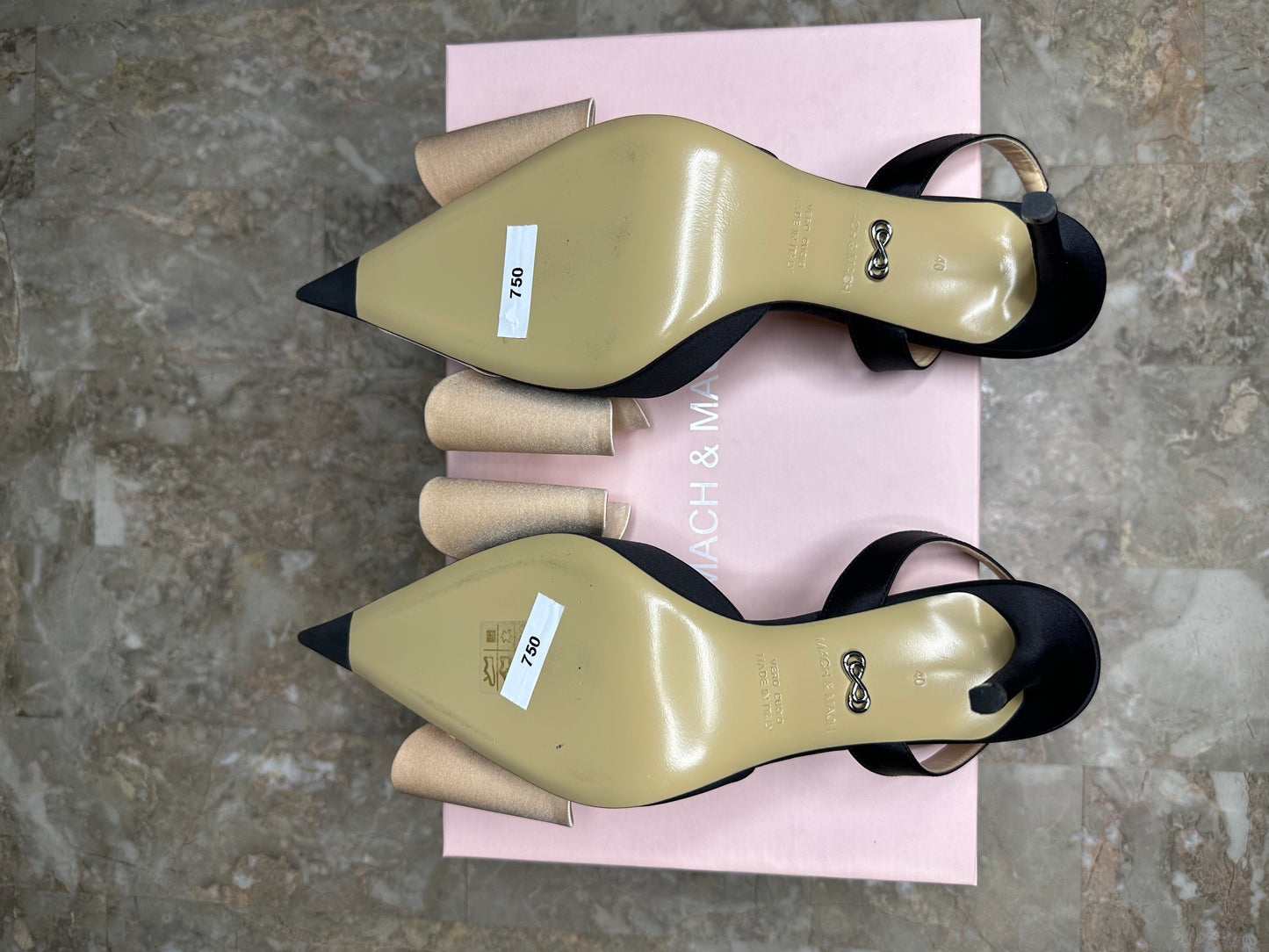 Mach & Mach Crystal Bow Pumps Size 40 | Cream & Black Pointed Toe Slingback Heels | New in Box