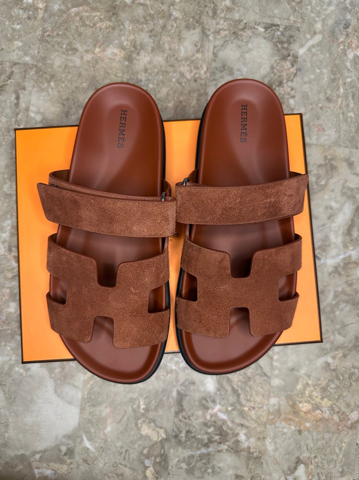 Hermès Chypre Sandals Size 40 | Cognac Suede | Palladium Hardware | New with Box