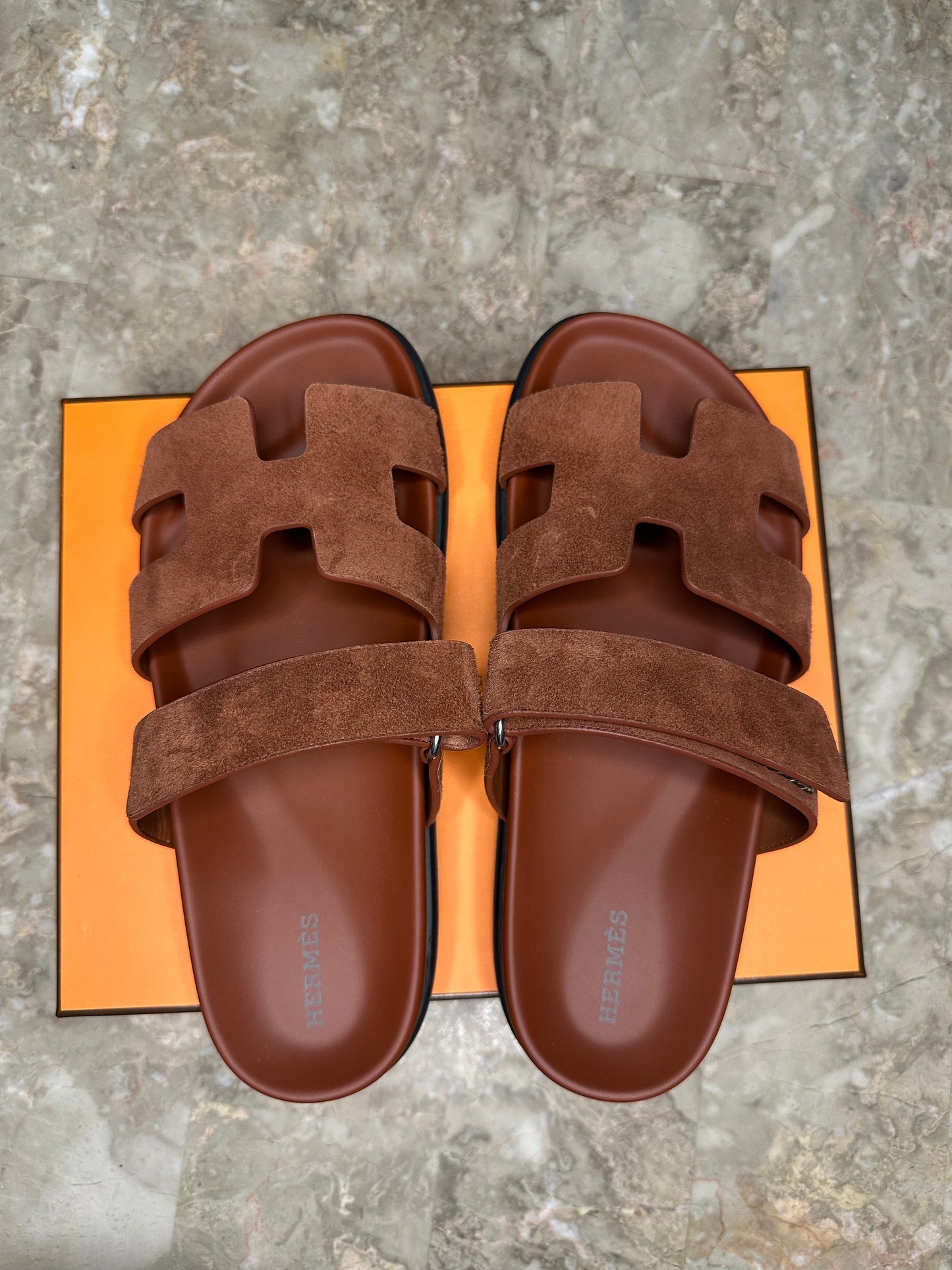 Hermès Chypre Sandals Size 40 | Cognac Suede | Palladium Hardware | New with Box