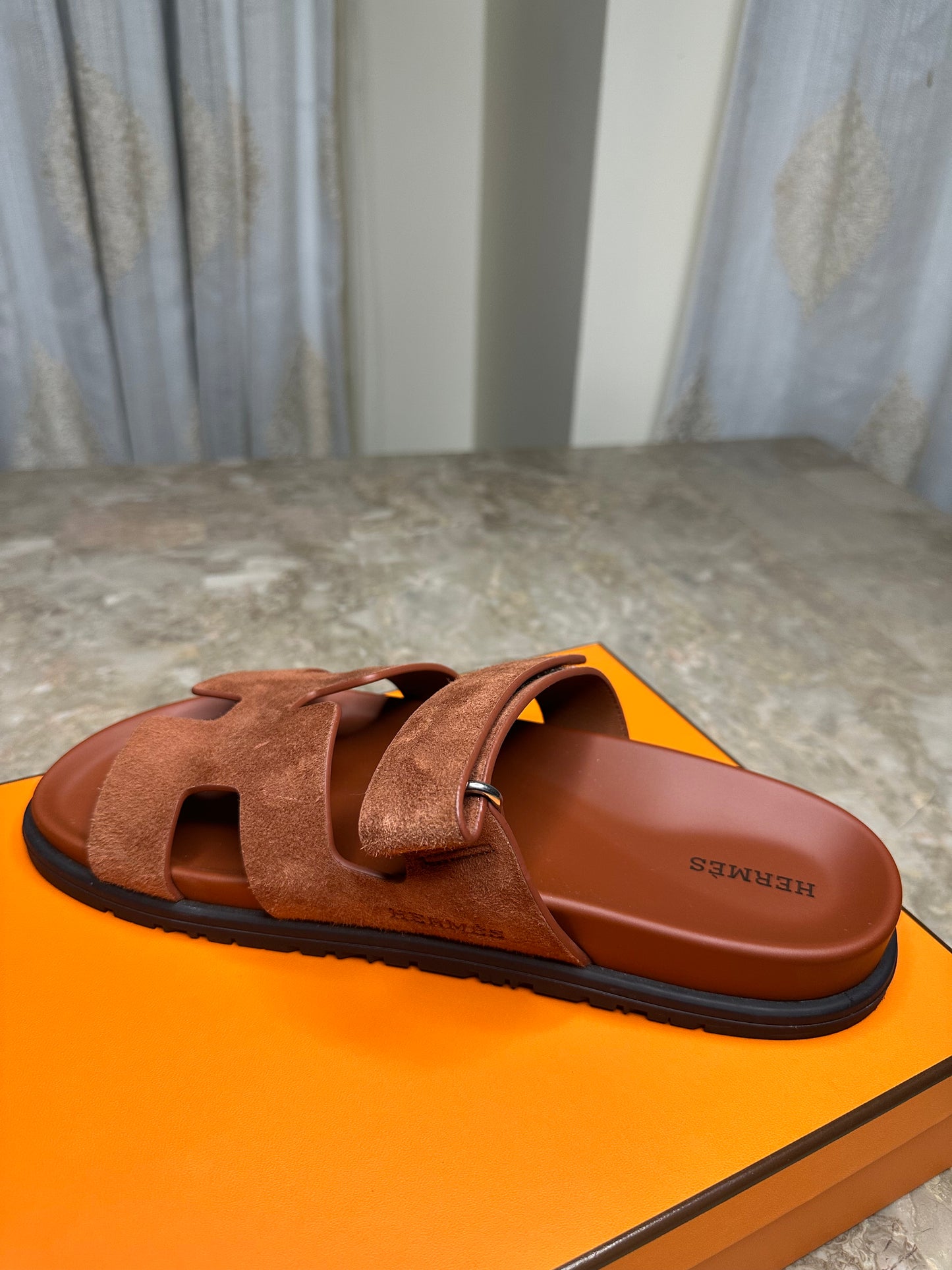 Hermès Chypre Sandals Size 40 | Cognac Suede | Palladium Hardware | New with Box