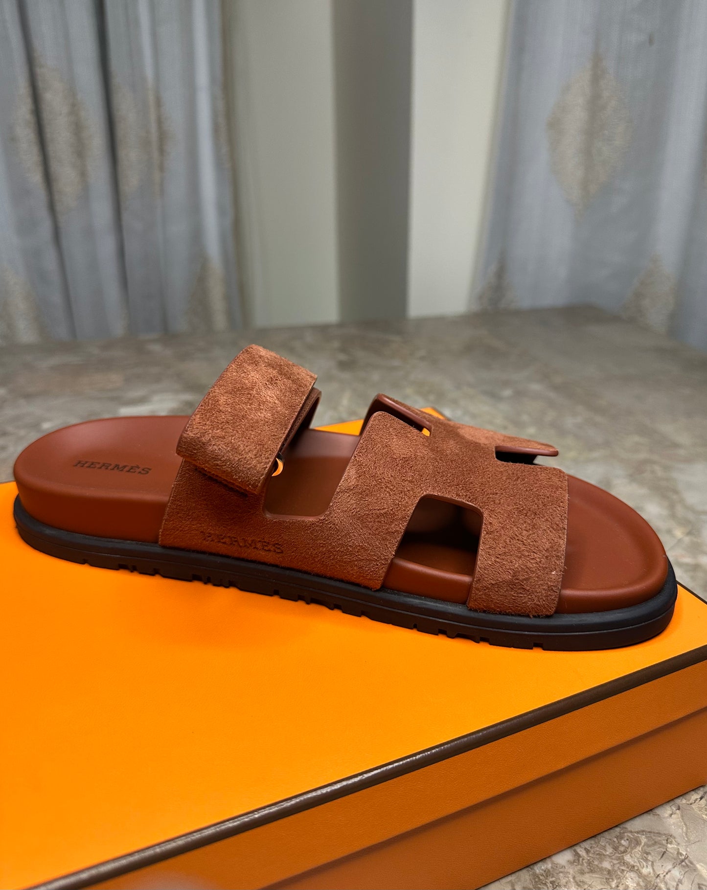 Hermès Chypre Sandals Size 40 | Cognac Suede | Palladium Hardware | New with Box
