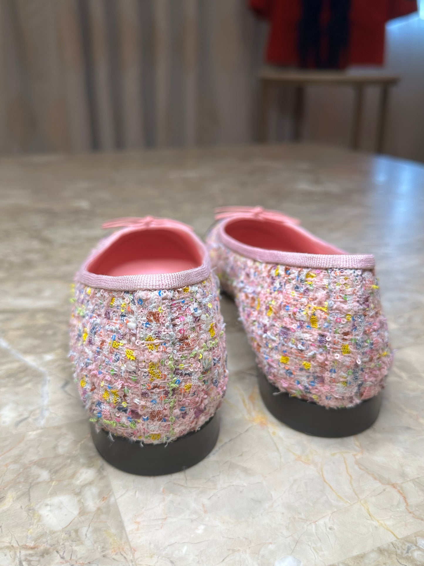 Chanel Cambon Tweed Ballet Flats Pink Multicolor CC Cap Toe EU 39.5 Authentic with Box