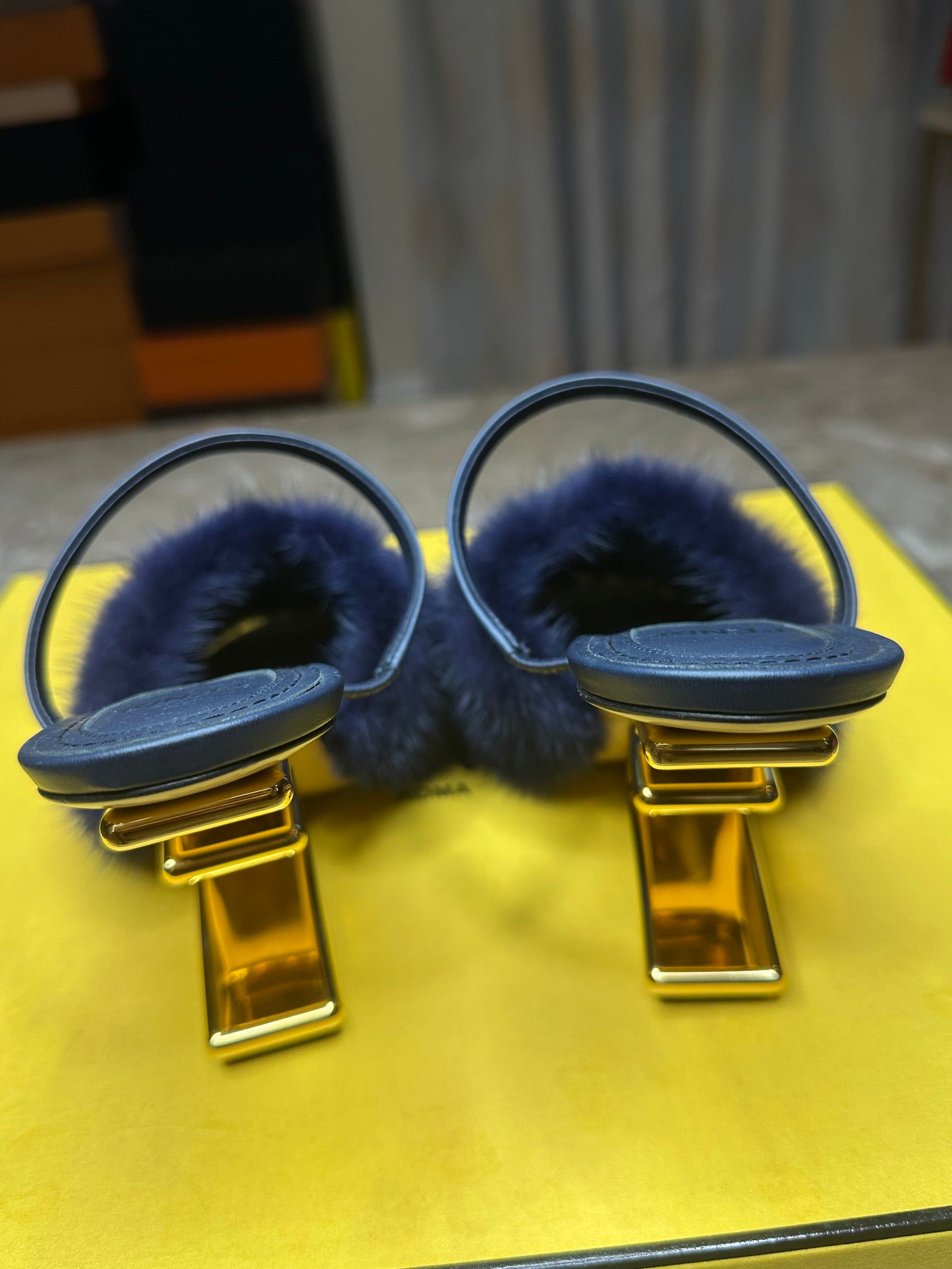 Fendi First Mink Fur Slide Sandals Navy Blue Leather EU 39.5 Authentic