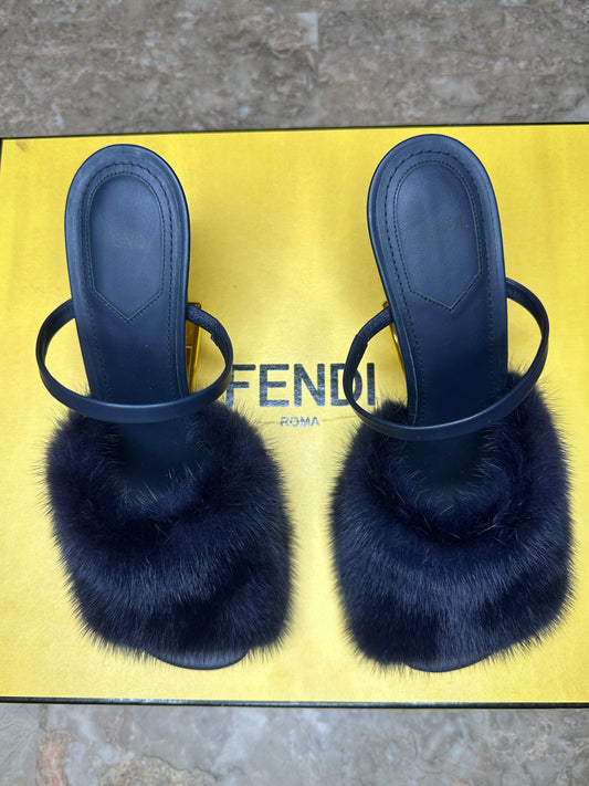 Fendi First Mink Fur Slide Sandals Navy Blue Leather EU 39.5 Authentic
