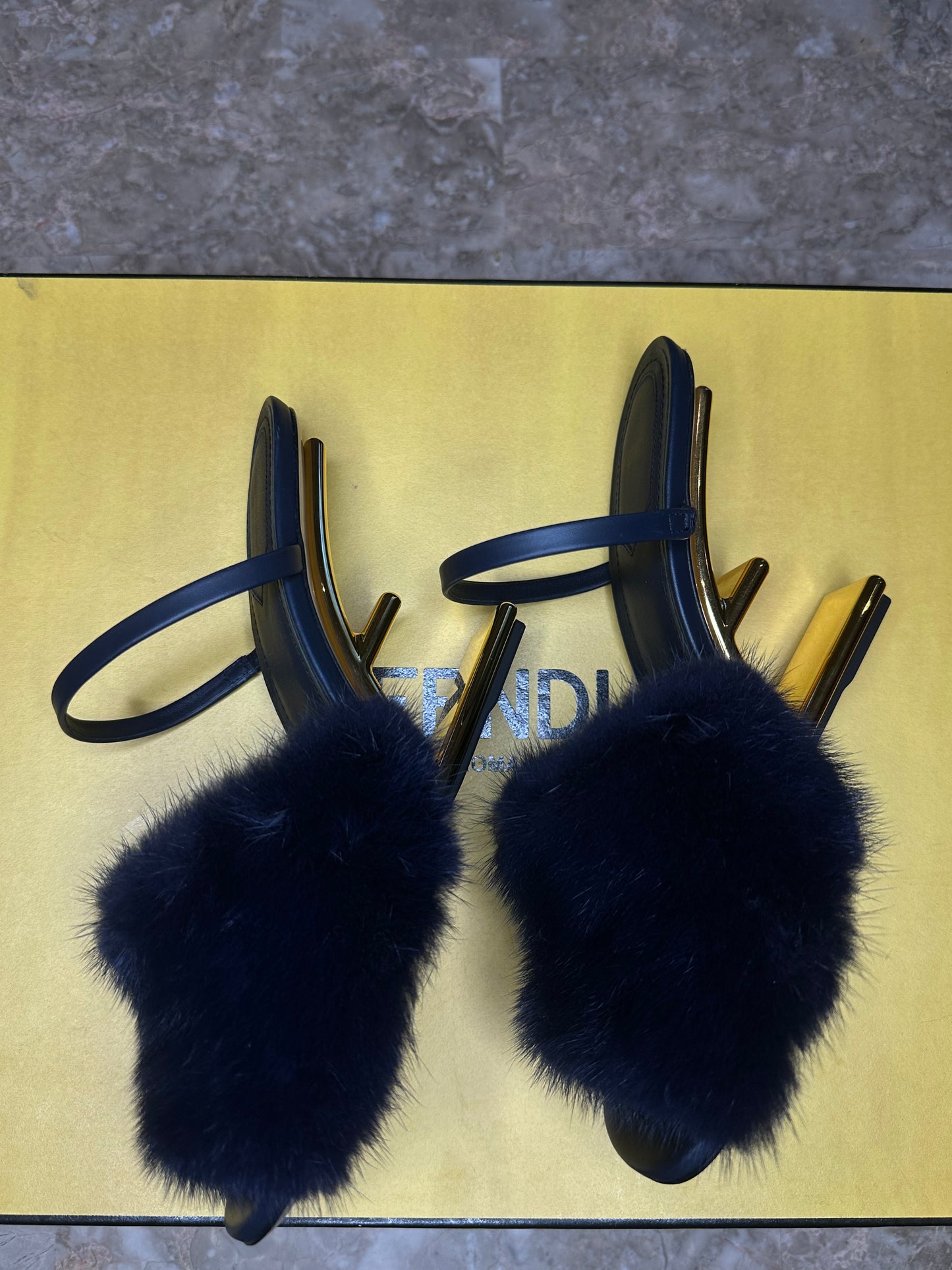 Fendi First Mink Fur Slide Sandals Navy Blue Leather EU 39.5 Authentic