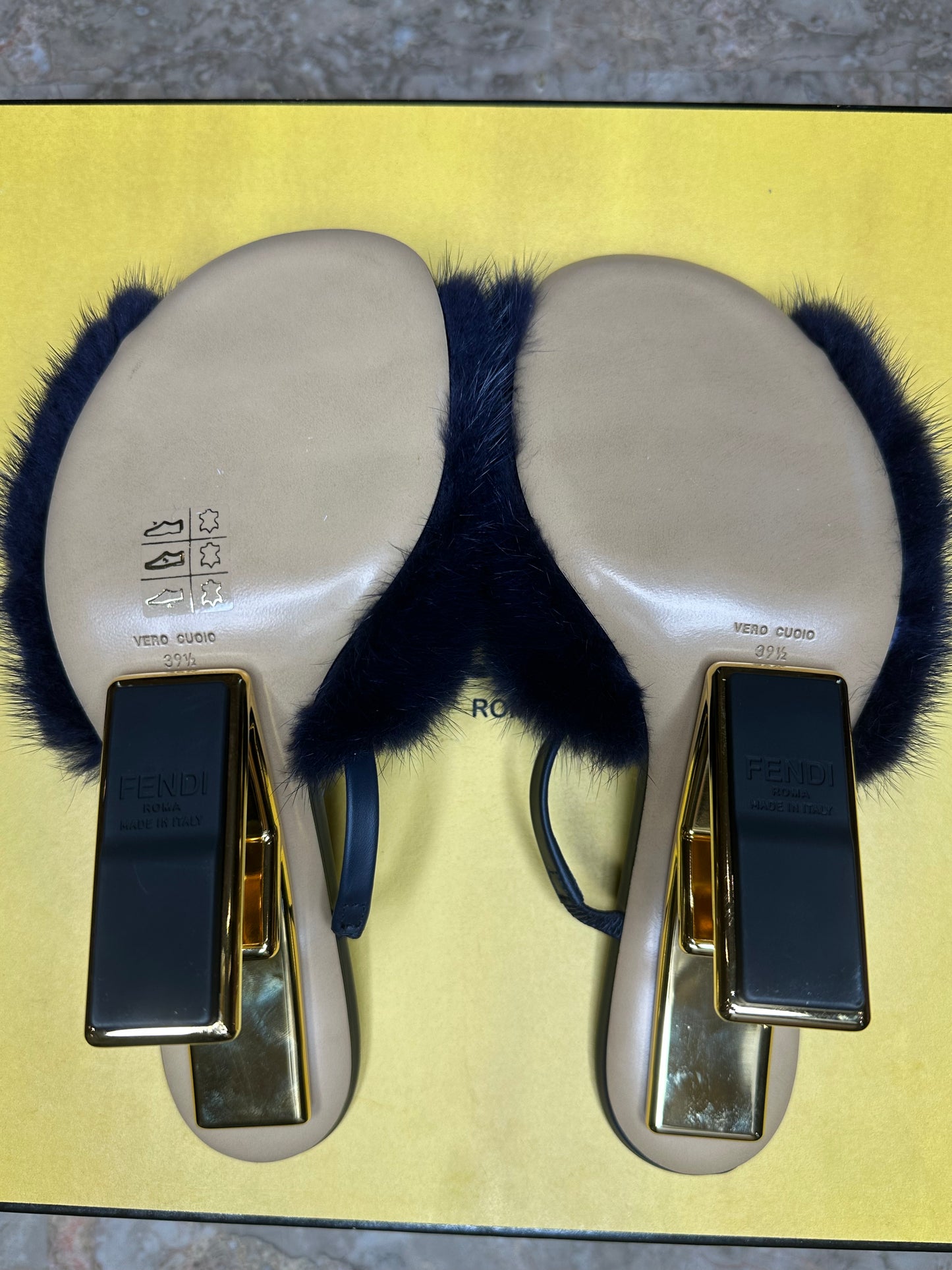 Fendi First Mink Fur Slide Sandals Navy Blue Leather EU 39.5 Authentic