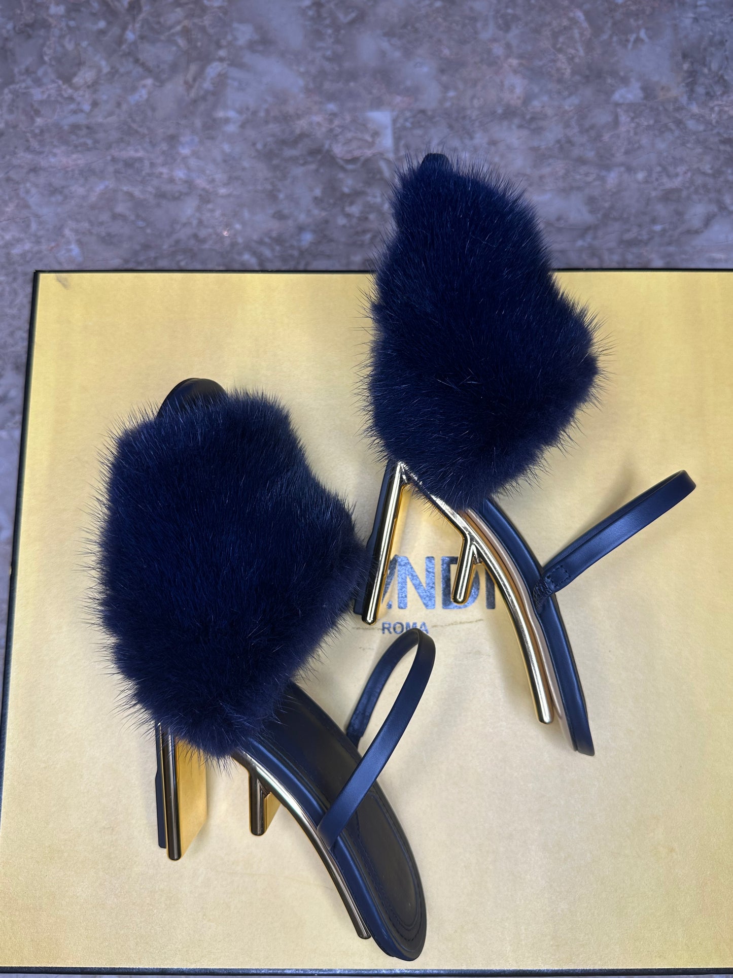 Fendi First Mink Fur Slide Sandals Navy Blue Leather EU 39.5 Authentic