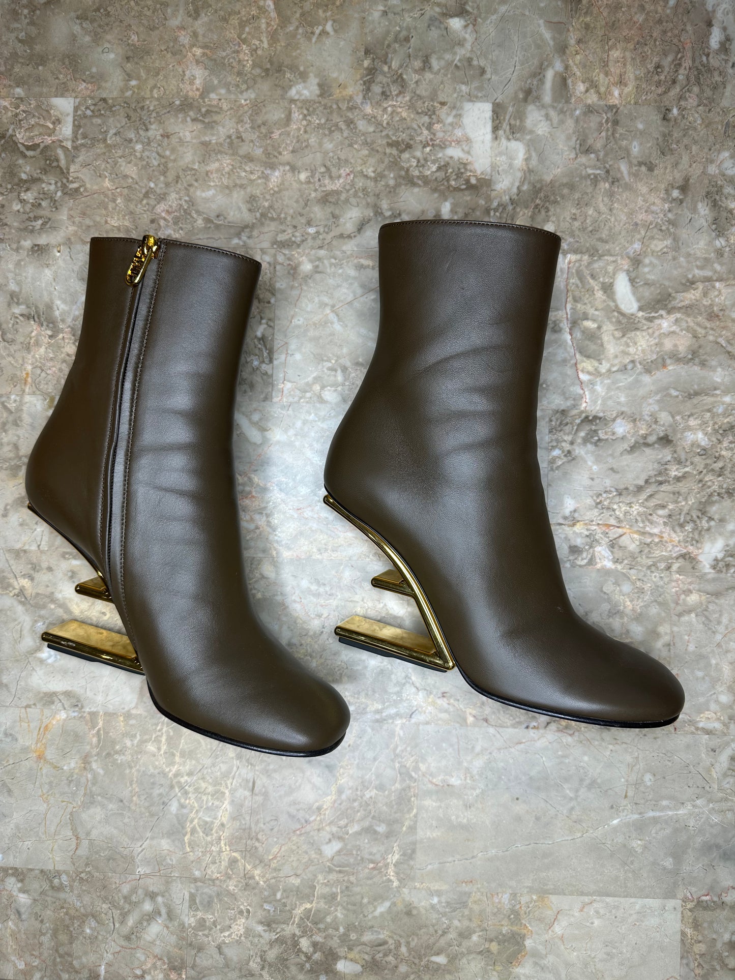 Fendi First 95 Heeled Ankle Boots Brown Nappa Leather EU 40 Authentic