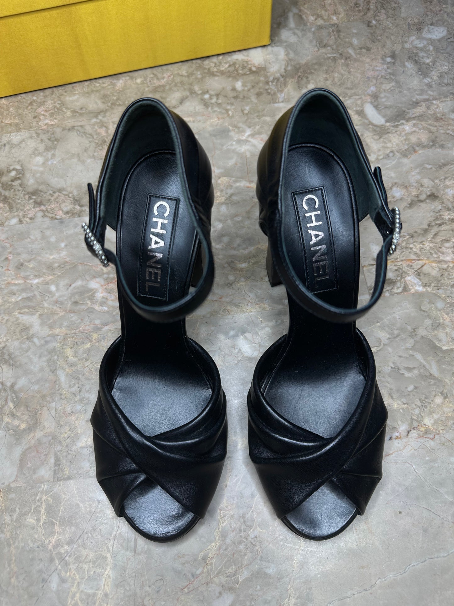 Chanel Black Leather Peep Toe Ankle Strap Pumps Block Heel EU 39.5 Authentic