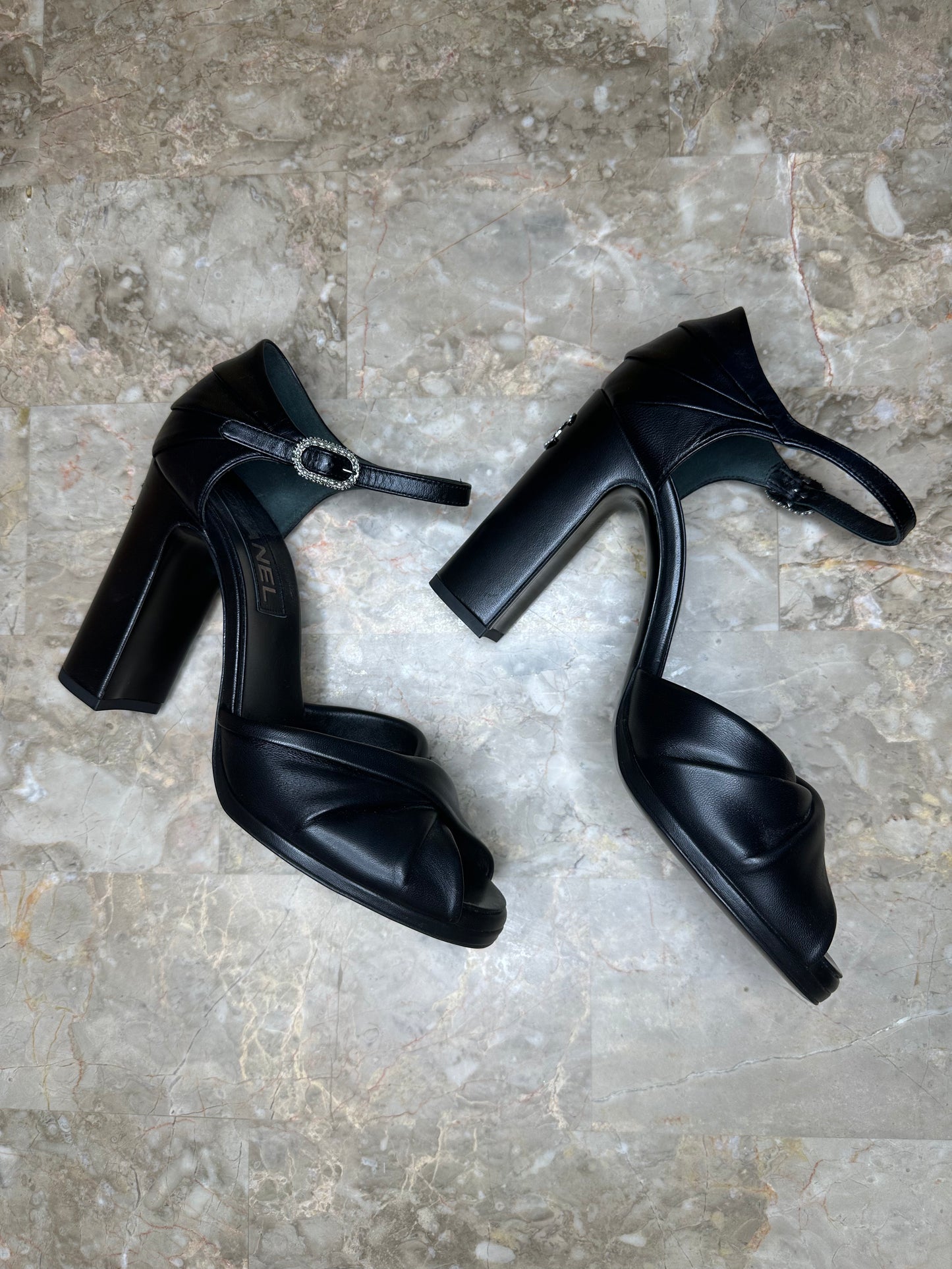 Chanel Black Leather Peep Toe Ankle Strap Pumps Block Heel EU 39.5 Authentic