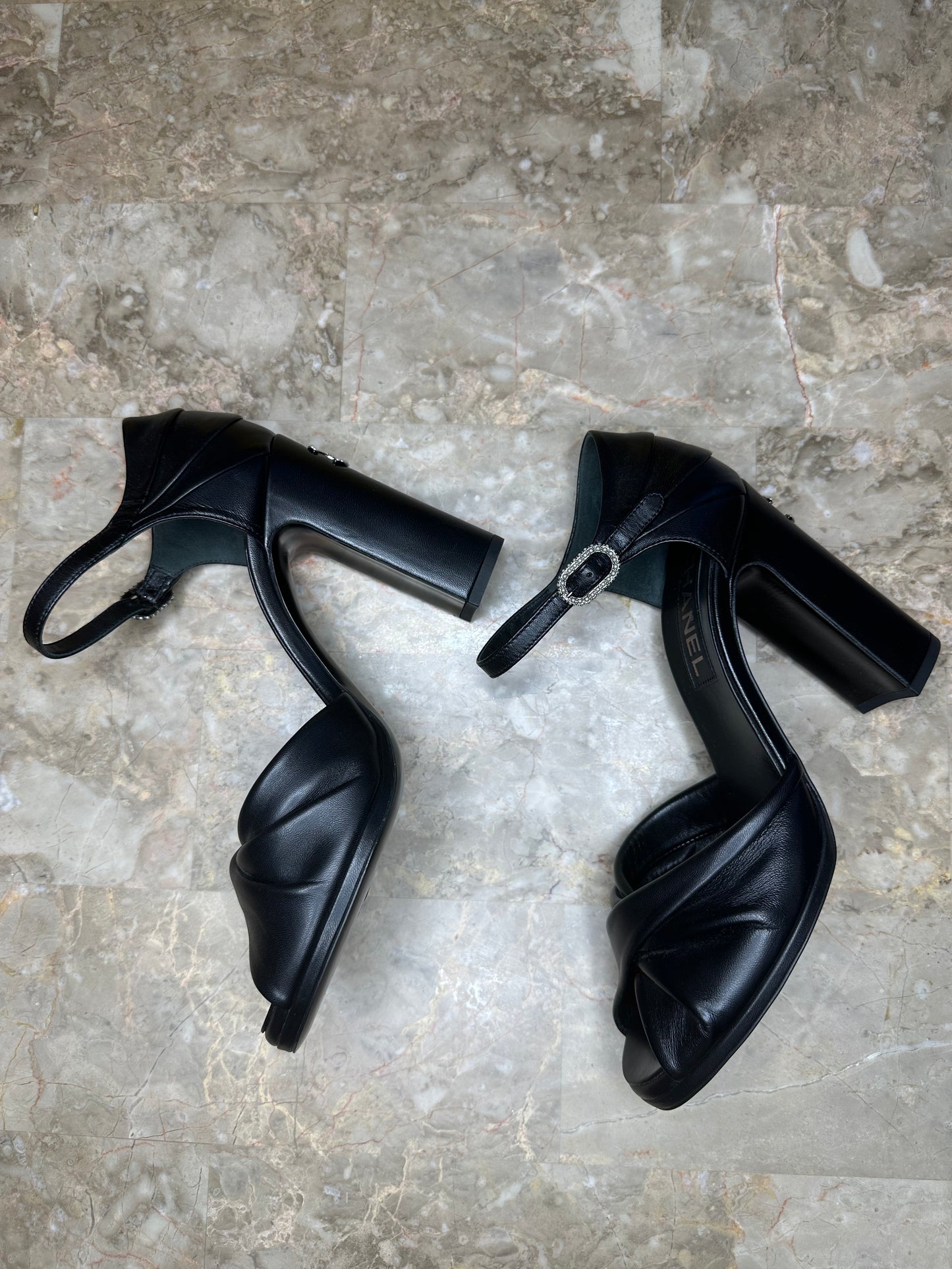 Chanel Black Leather Peep Toe Ankle Strap Pumps Block Heel EU 39.5 Authentic