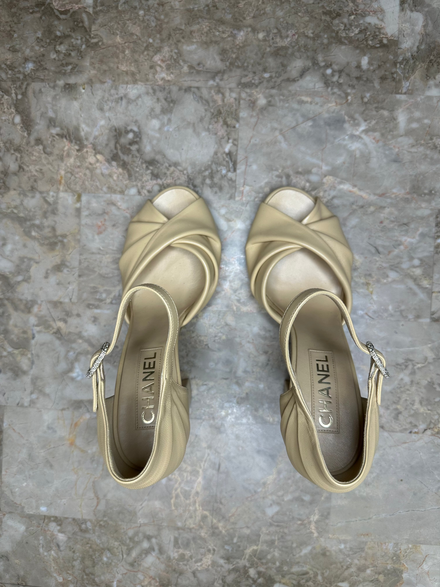 Chanel Nude Lambskin CC Logo Ankle Strap Block Heel Pumps EU 40 Authentic