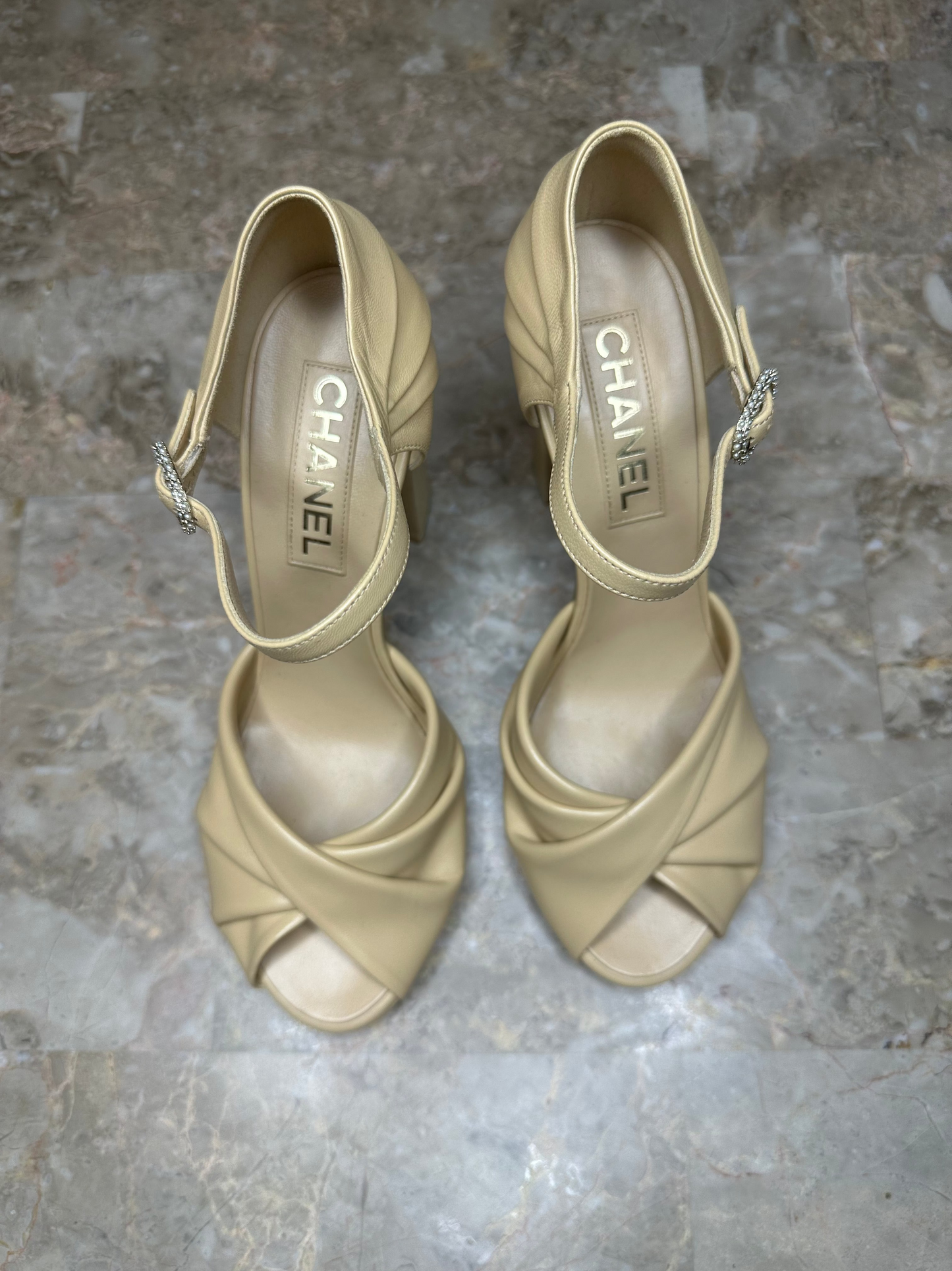 Chanel Nude Lambskin CC Logo Ankle Strap Block Heel Pumps EU 40 Authentic