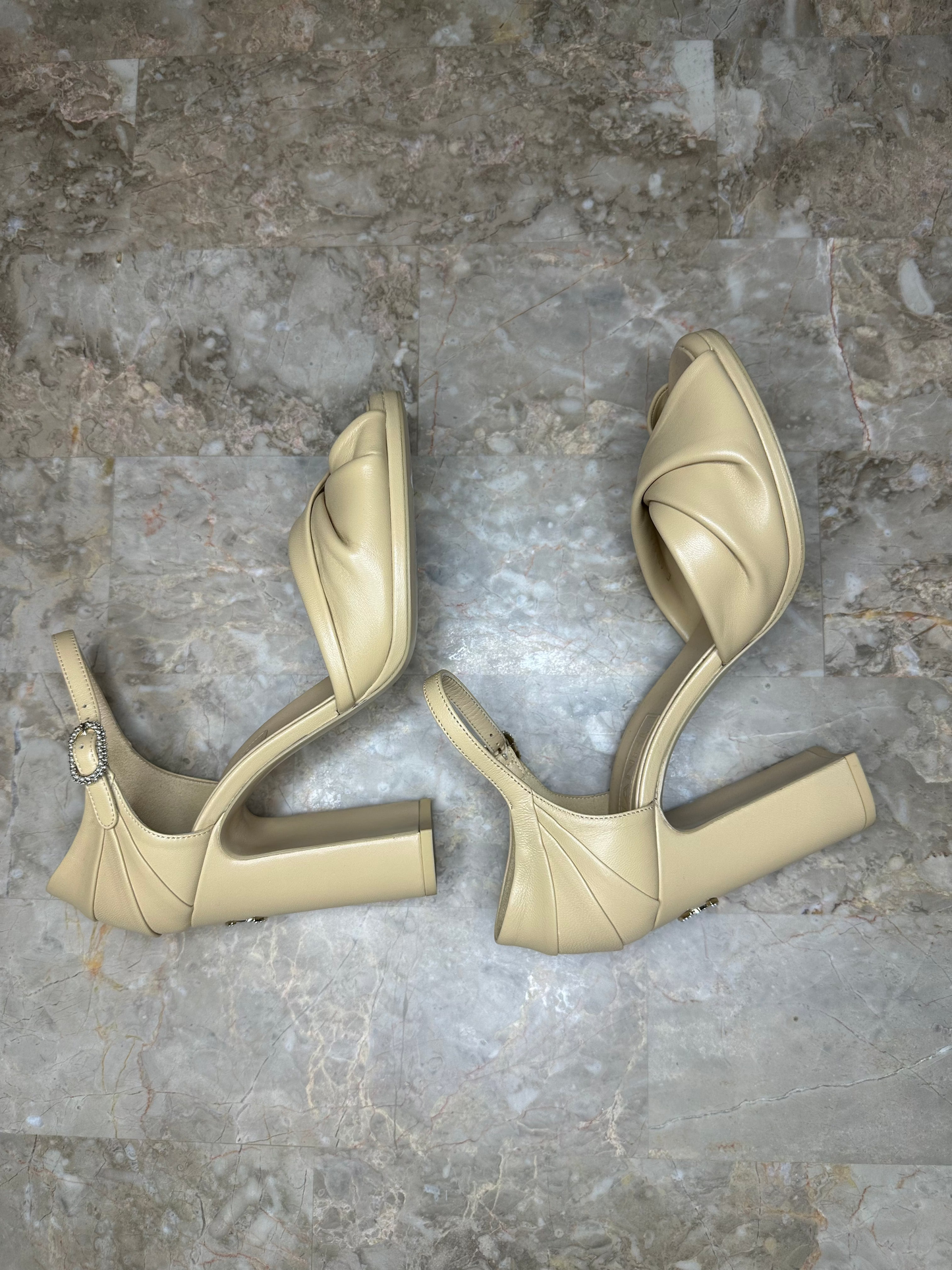 Chanel Nude Lambskin CC Logo Ankle Strap Block Heel Pumps EU 40 Authentic