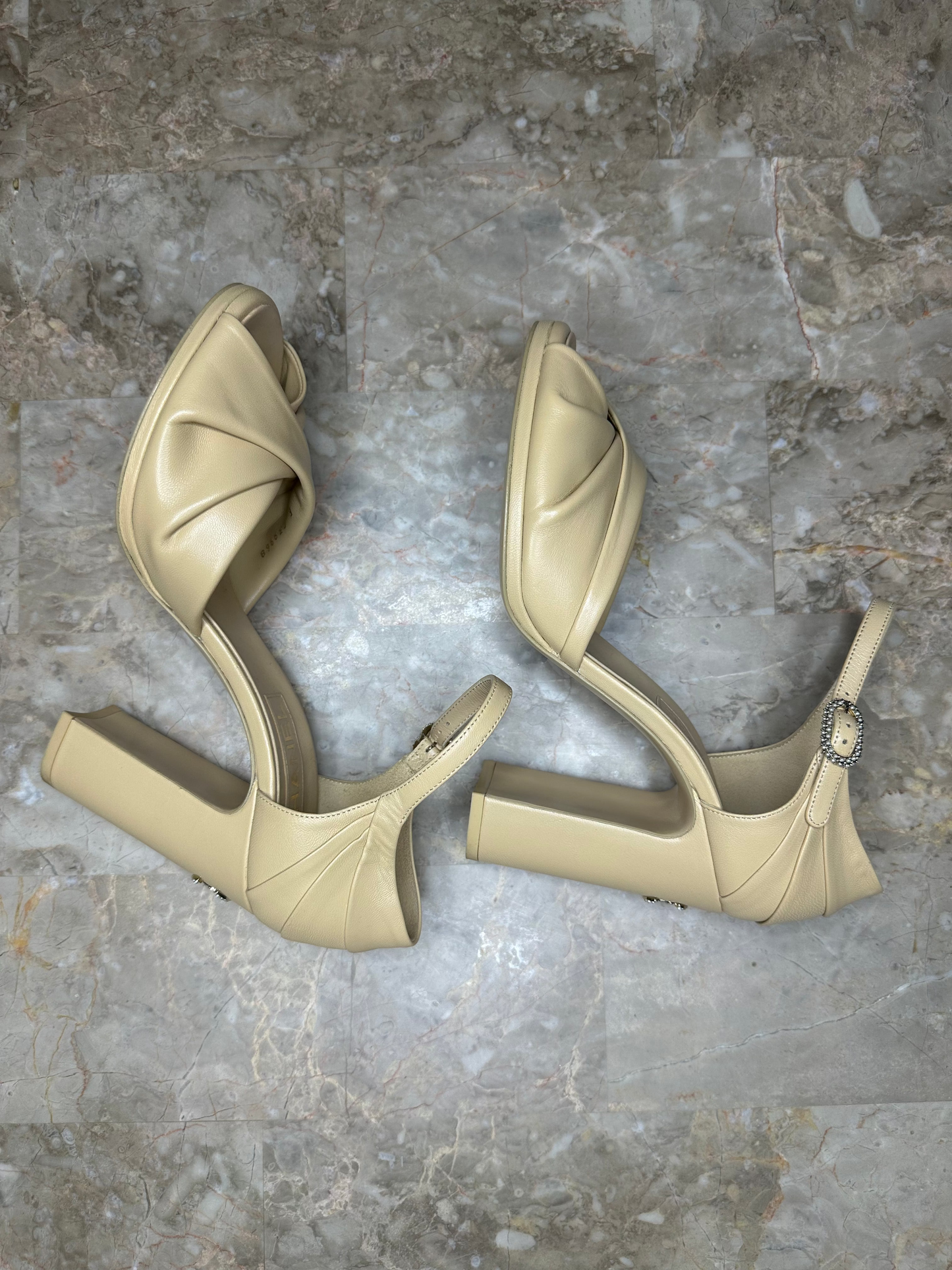 Chanel Nude Lambskin CC Logo Ankle Strap Block Heel Pumps EU 40 Authentic