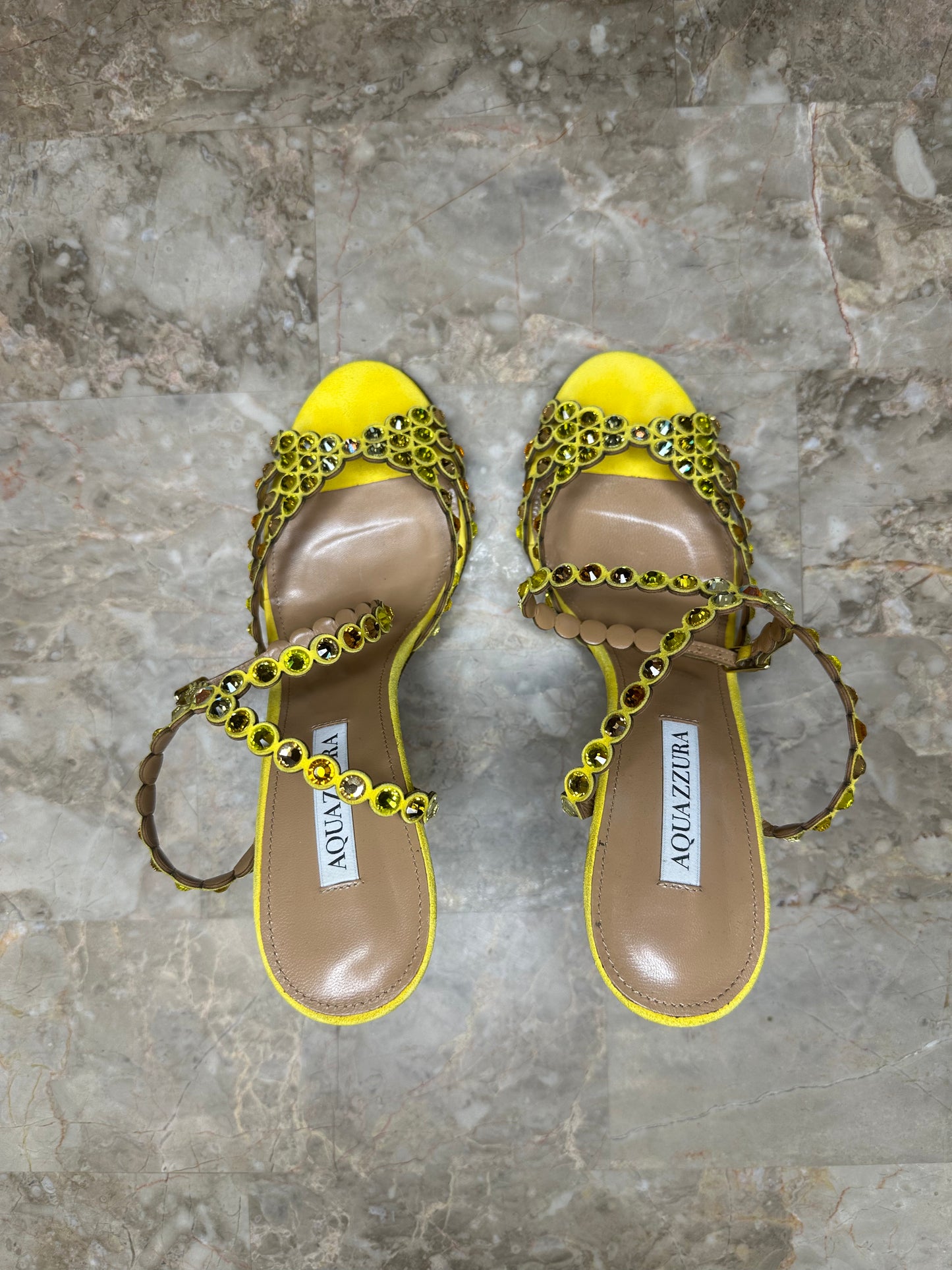 Aquazzura Tequila 105 Embellished Sandals – Yellow Suede EU 39.5
