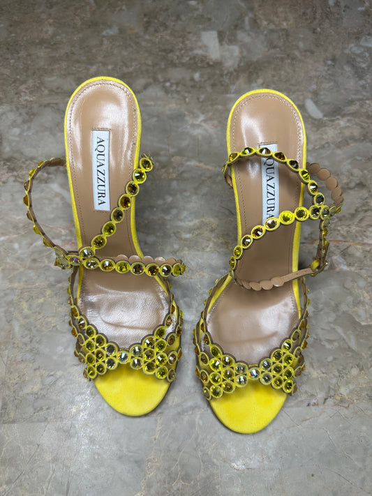 Aquazzura Tequila 105 Embellished Sandals – Yellow Suede EU 39.5