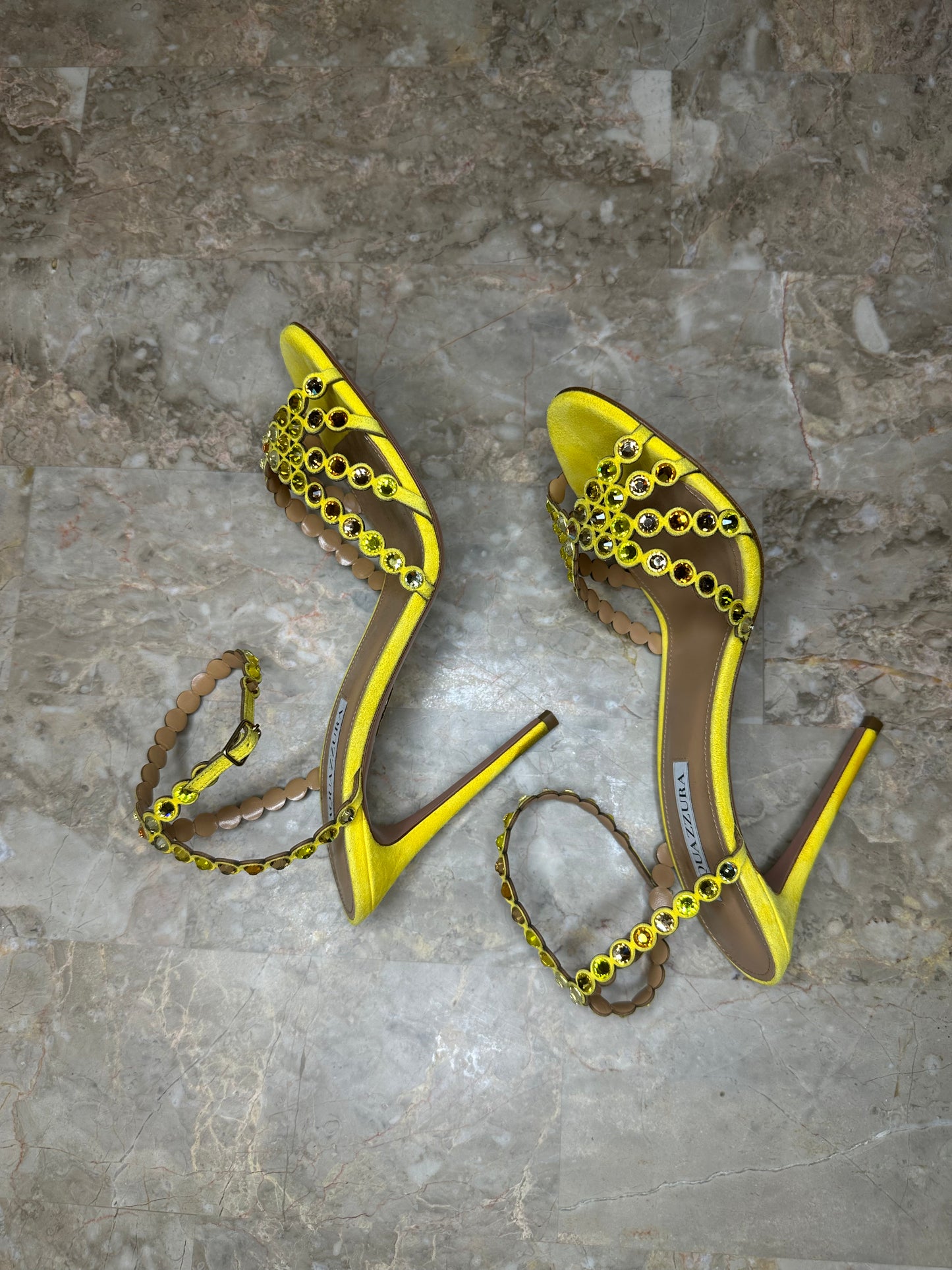 Aquazzura Tequila 105 Embellished Sandals – Yellow Suede EU 39.5