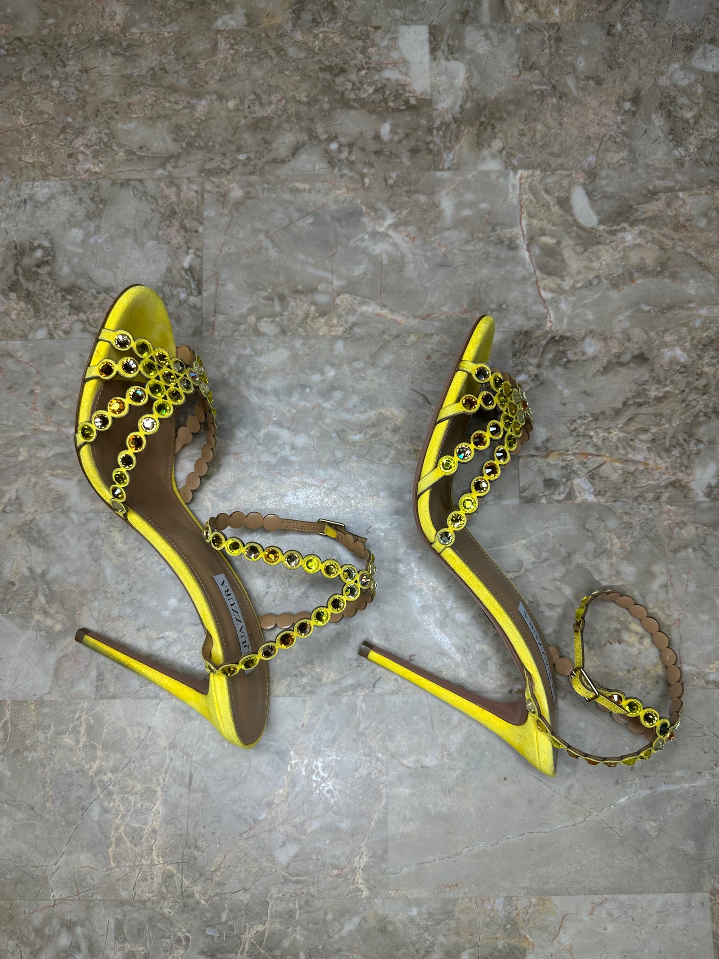 Aquazzura Tequila 105 Embellished Sandals – Yellow Suede EU 39.5