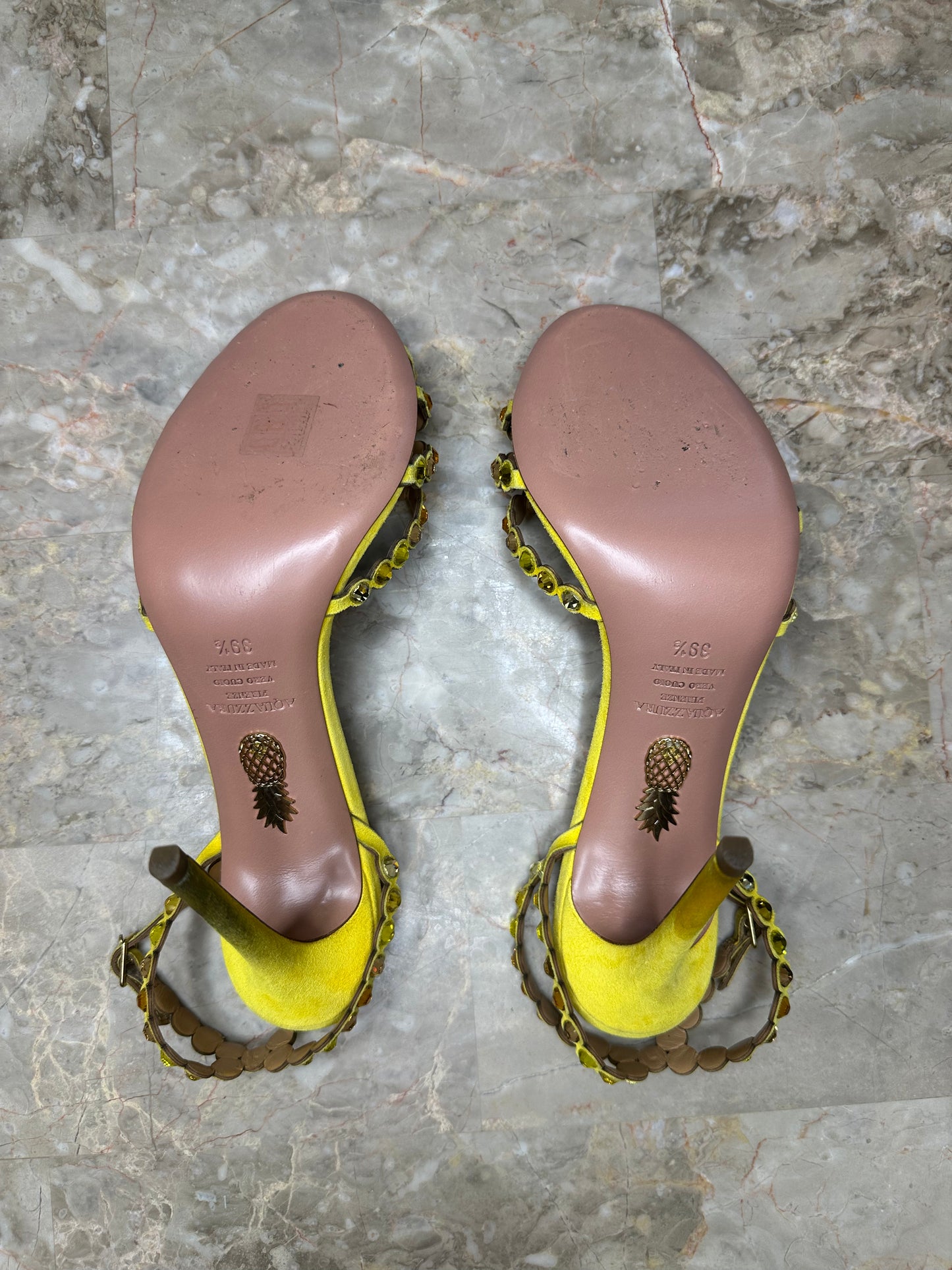 Aquazzura Tequila 105 Embellished Sandals – Yellow Suede EU 39.5