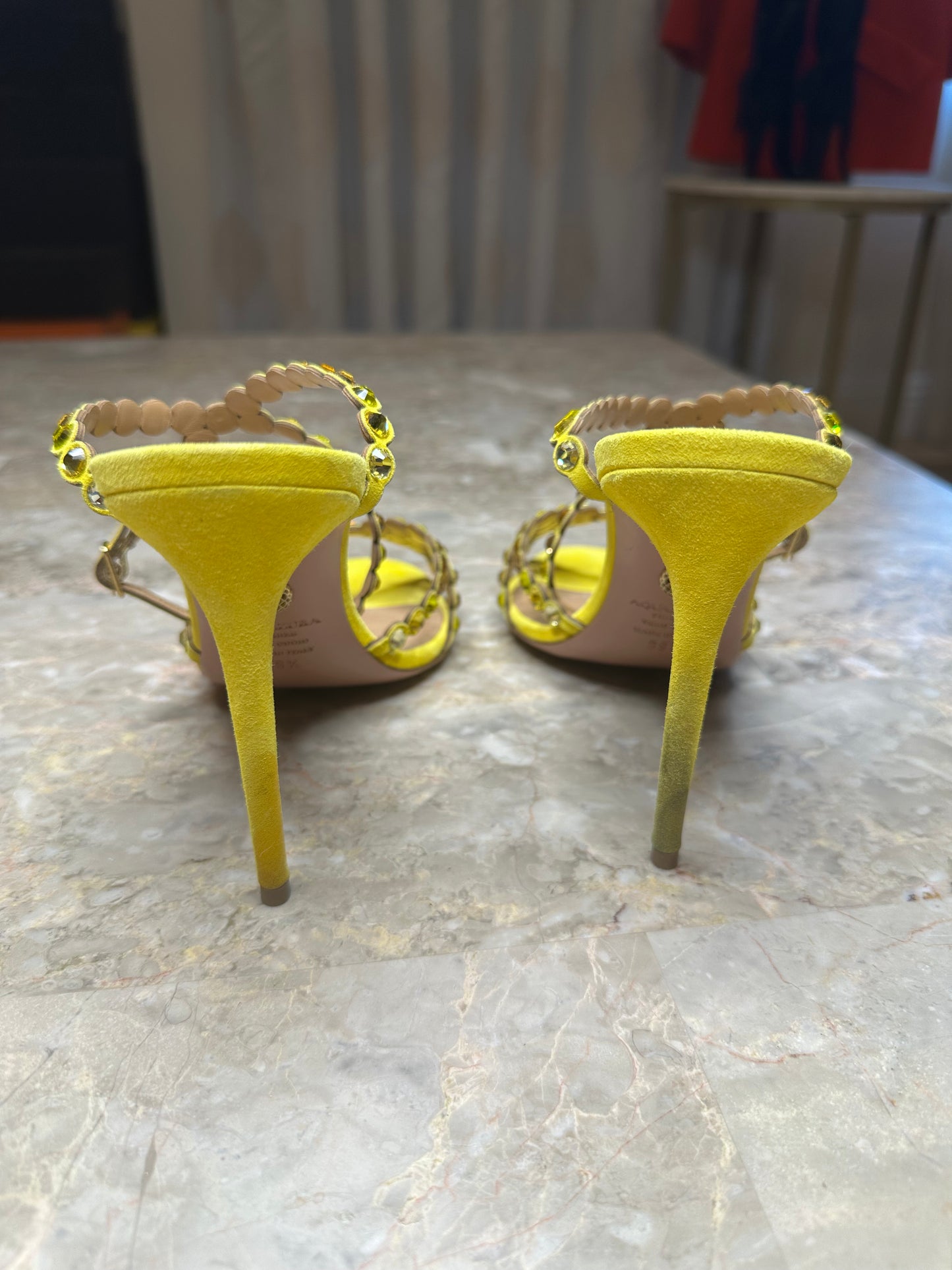 Aquazzura Tequila 105 Embellished Sandals – Yellow Suede EU 39.5
