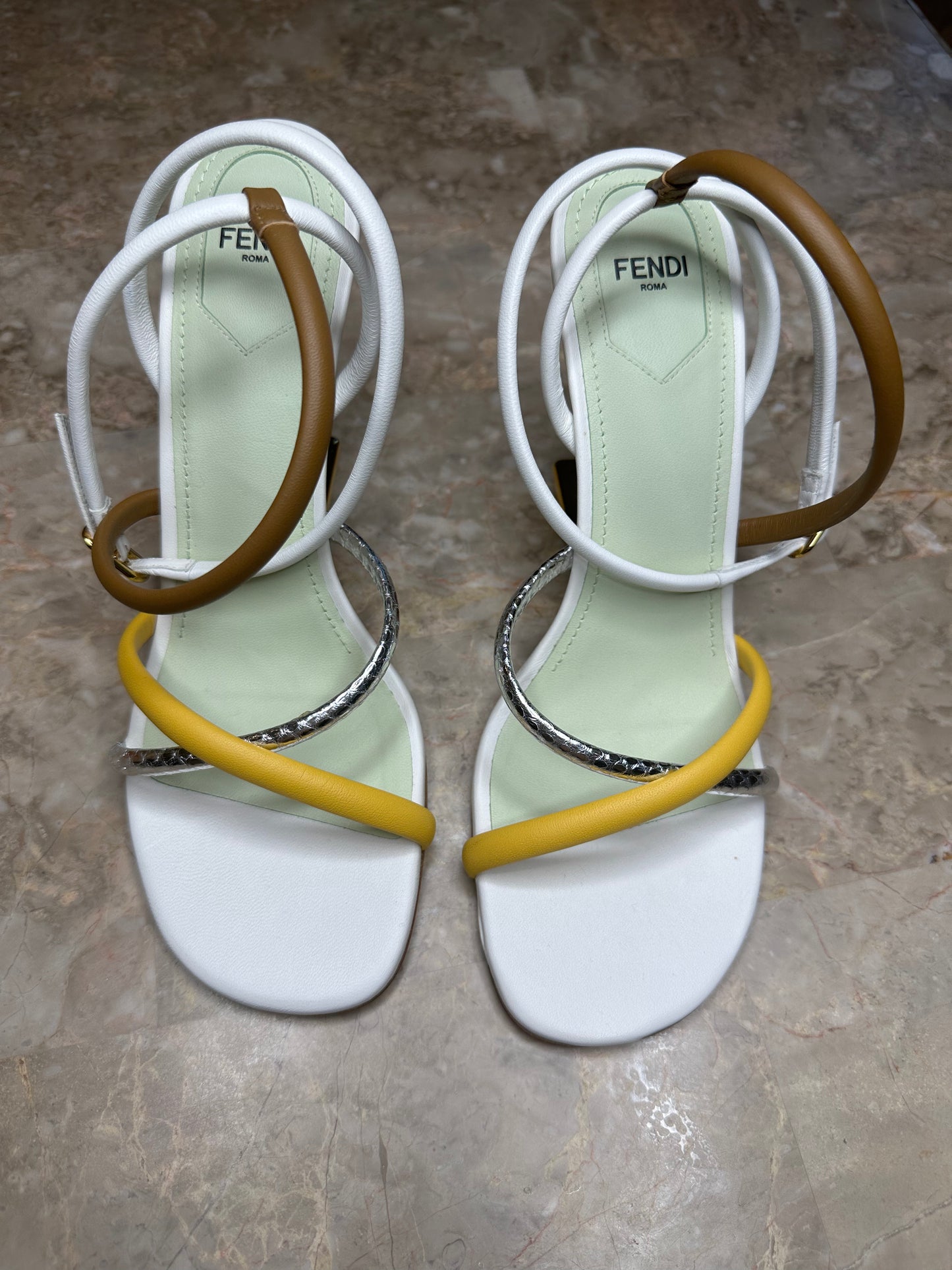 Fendi Multicolor Strappy Heeled Sandals – White, Brown, Yellow & Silver (Size EU 40)