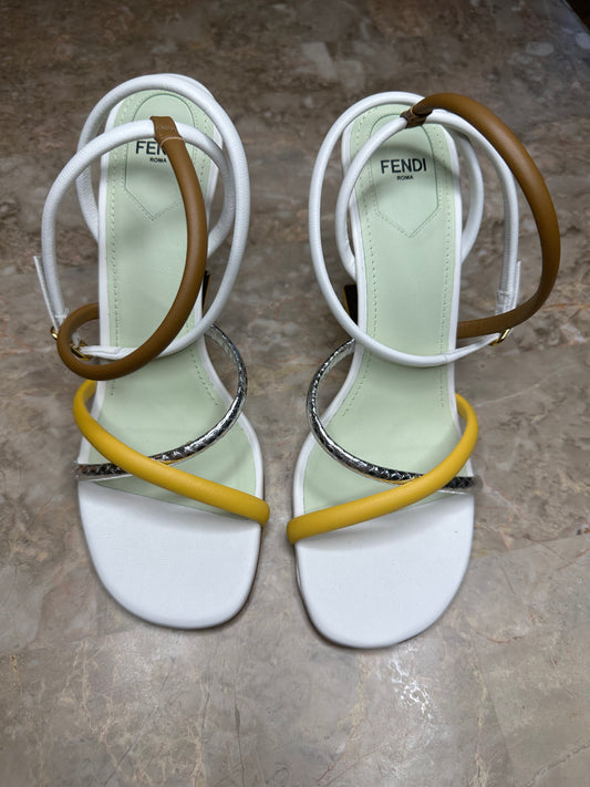 Fendi Multicolor Strappy Heeled Sandals – White, Brown, Yellow & Silver (Size EU 40)