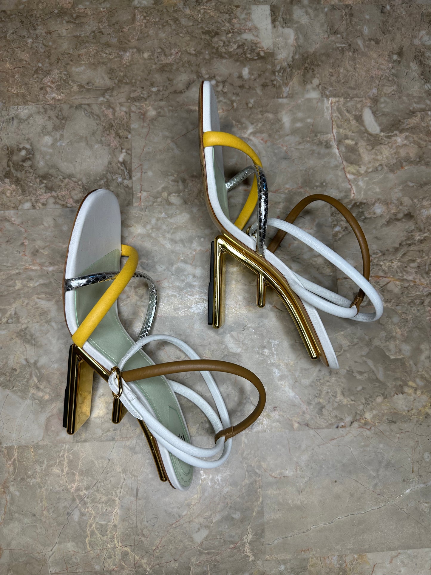 Fendi Multicolor Strappy Heeled Sandals – White, Brown, Yellow & Silver (Size EU 40)