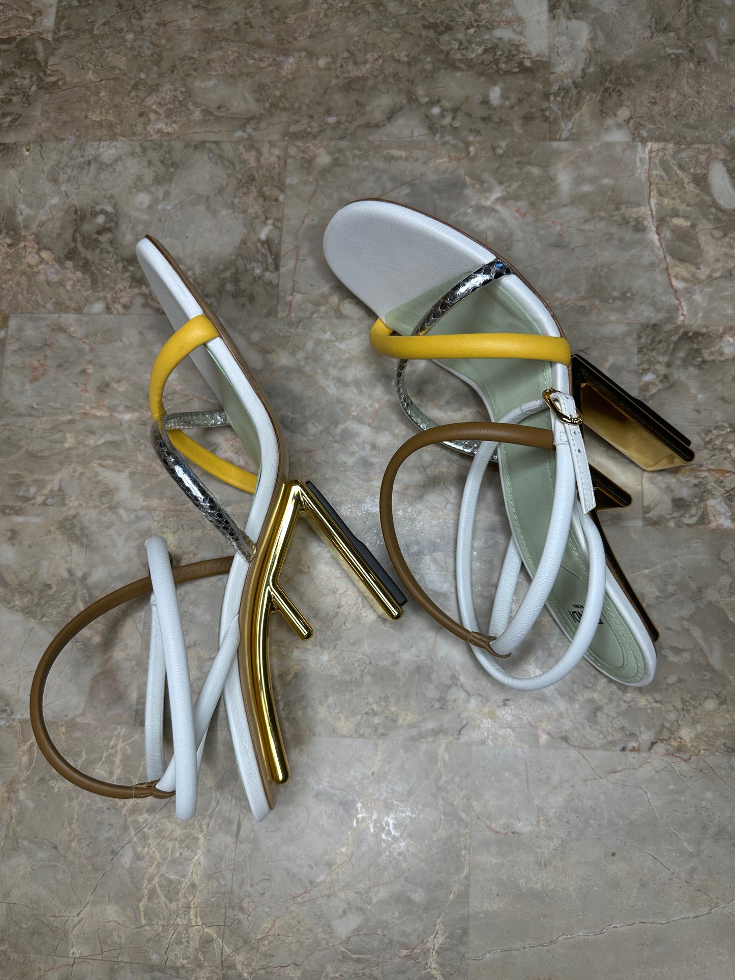 Fendi Multicolor Strappy Heeled Sandals – White, Brown, Yellow & Silver (Size EU 40)