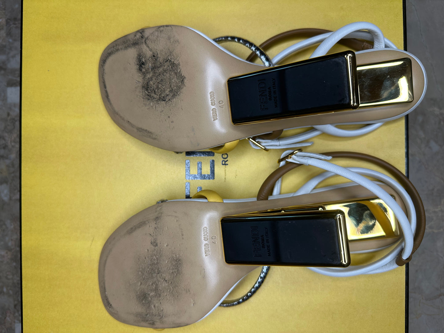Fendi Multicolor Strappy Heeled Sandals – White, Brown, Yellow & Silver (Size EU 40)