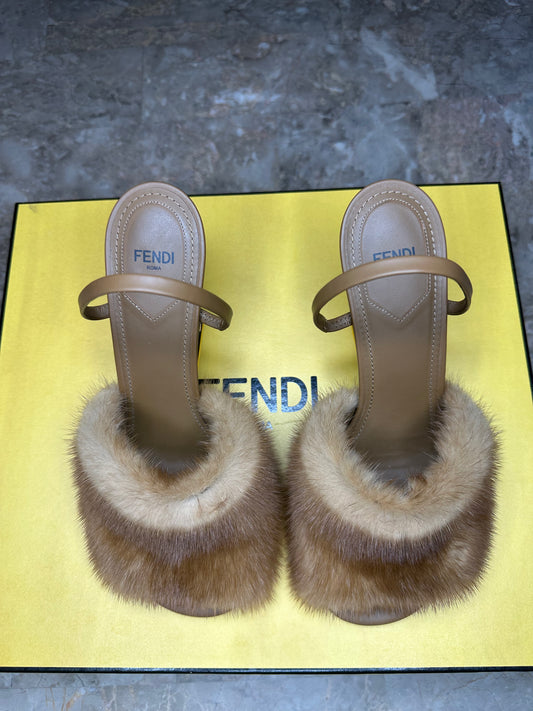 Fendi First Heeled Mules – Tan Leather & Faux Fur | Size EU 39.5 (With Box & Dust Bags)