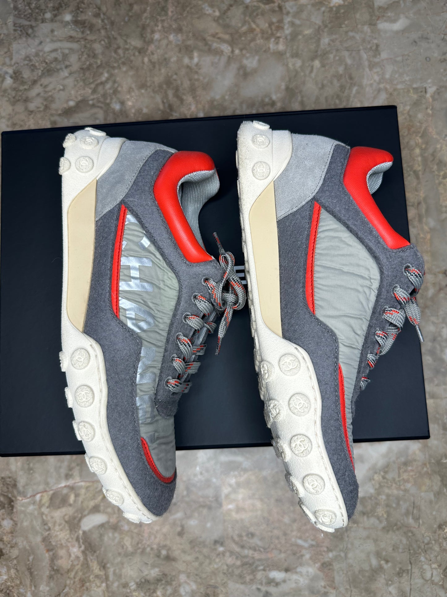 Chanel Gray, Orange & White Low-Top Sneakers – Size 39
