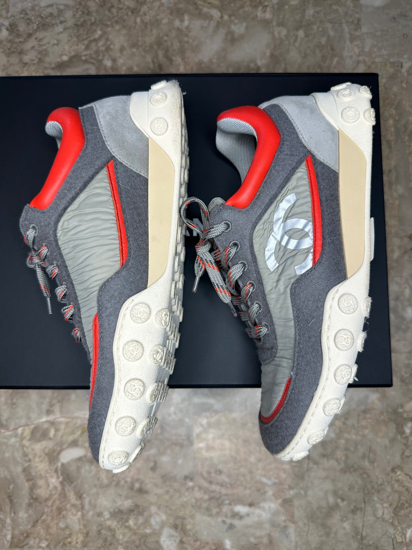 Chanel Gray, Orange & White Low-Top Sneakers – Size 39