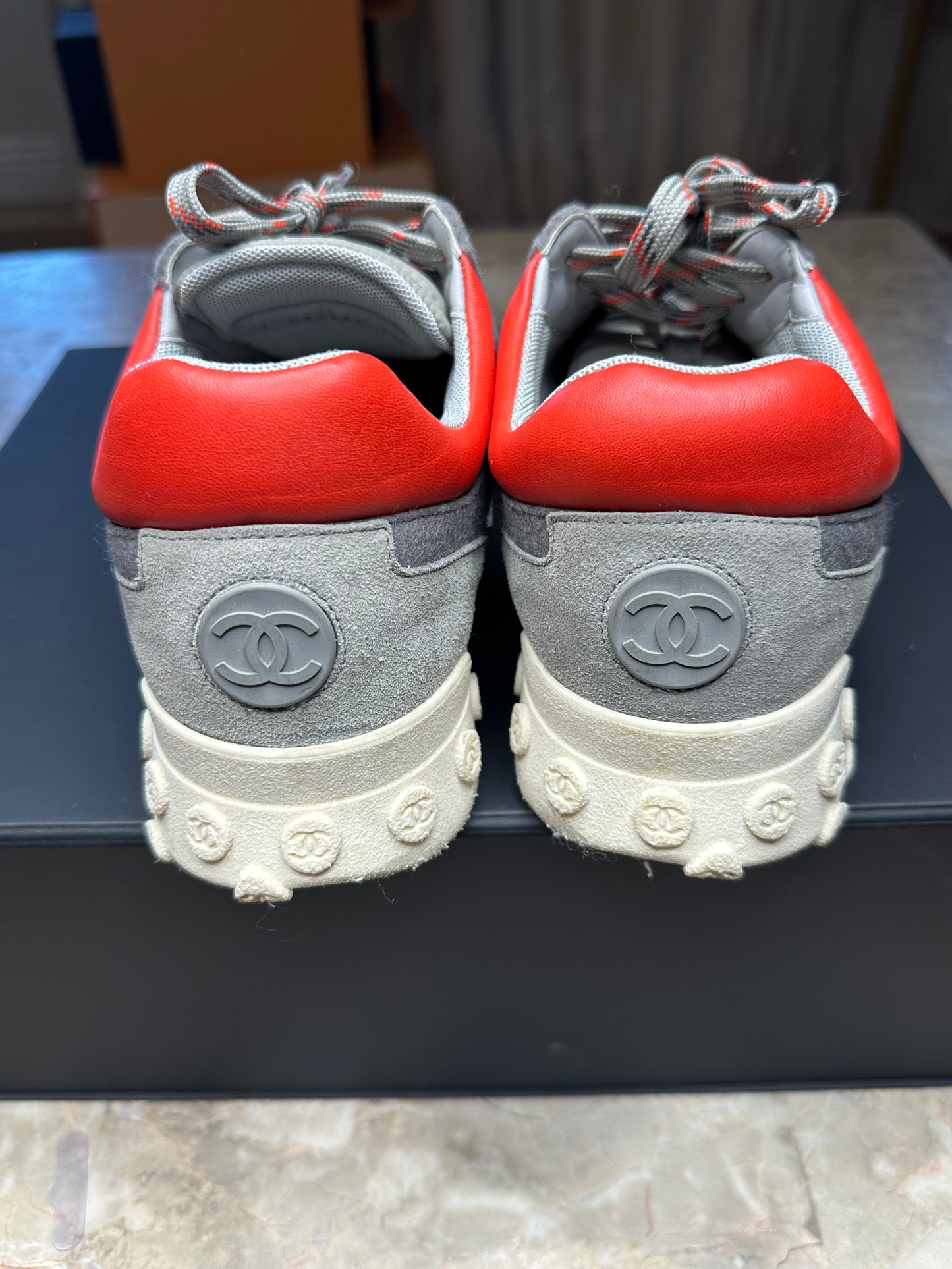 Chanel Gray, Orange & White Low-Top Sneakers – Size 39