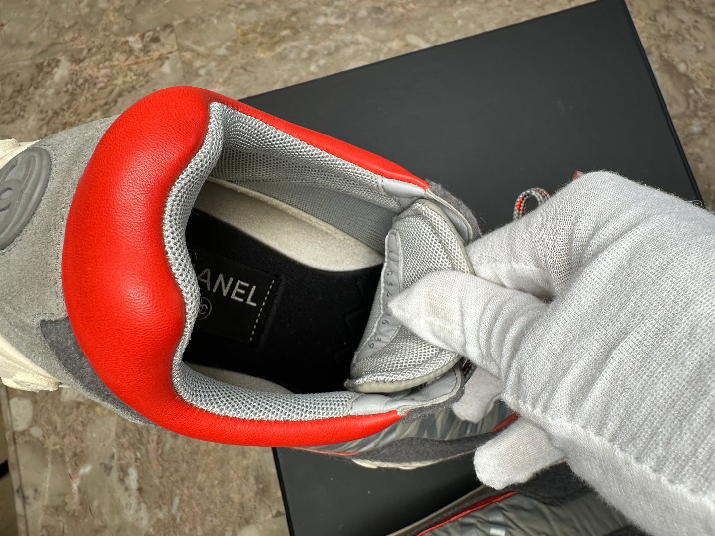 Chanel Gray, Orange & White Low-Top Sneakers – Size 39