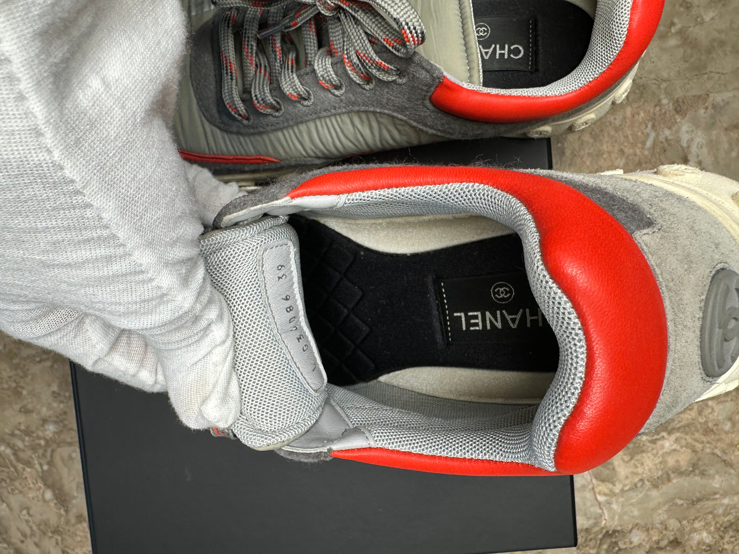 Chanel Gray, Orange & White Low-Top Sneakers – Size 39