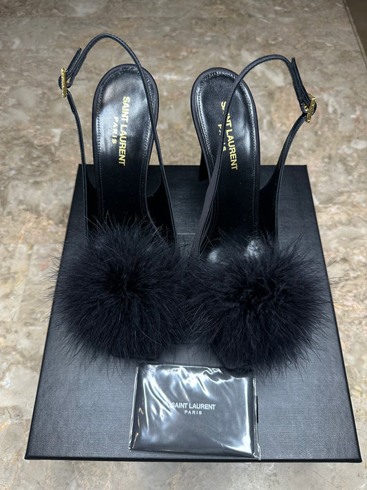 Saint Laurent “Mae” 110 Feather-Trim Slingback Sandals – Black Size 40