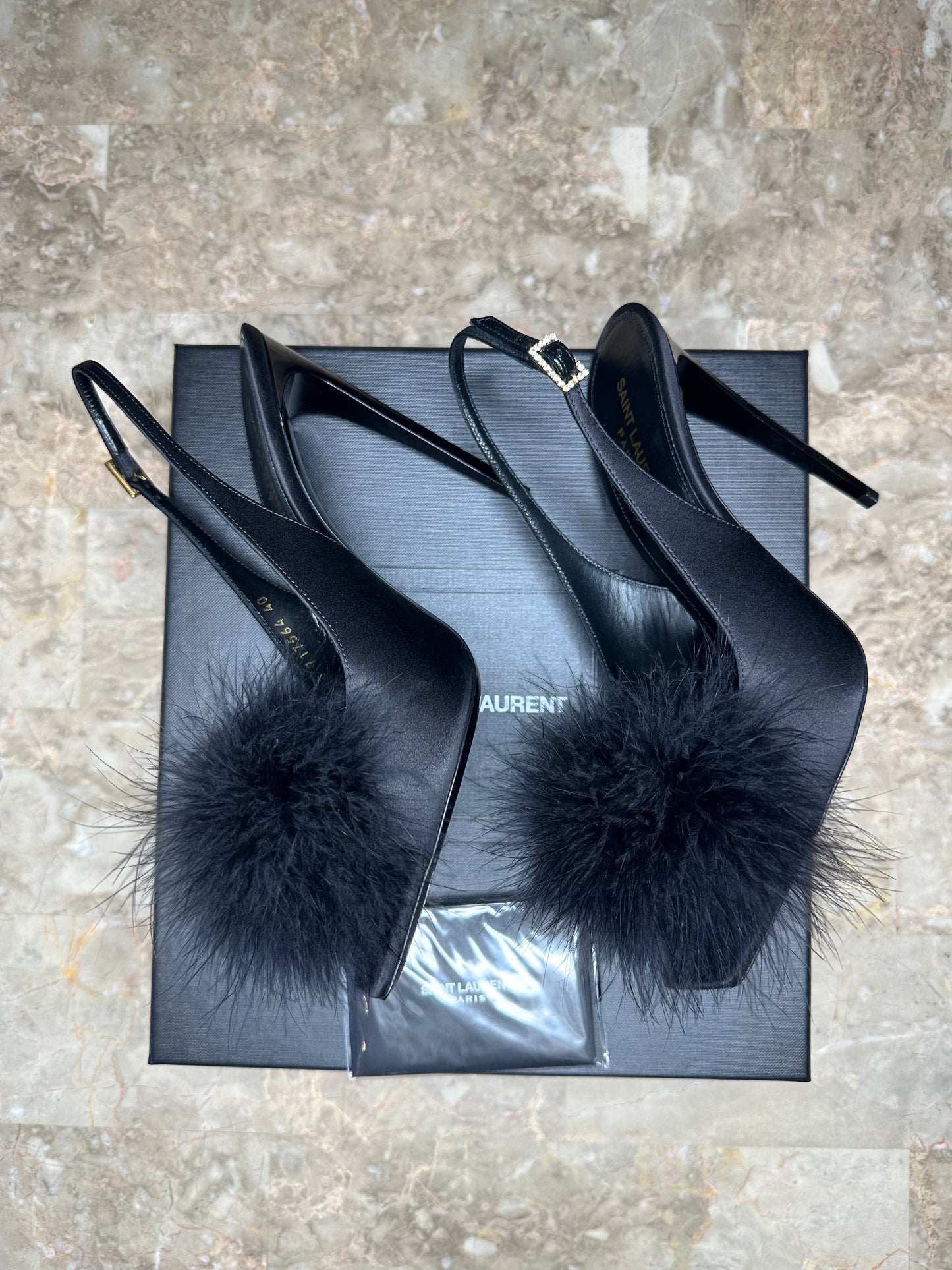 Saint Laurent “Mae” 110 Feather-Trim Slingback Sandals – Black Size 40