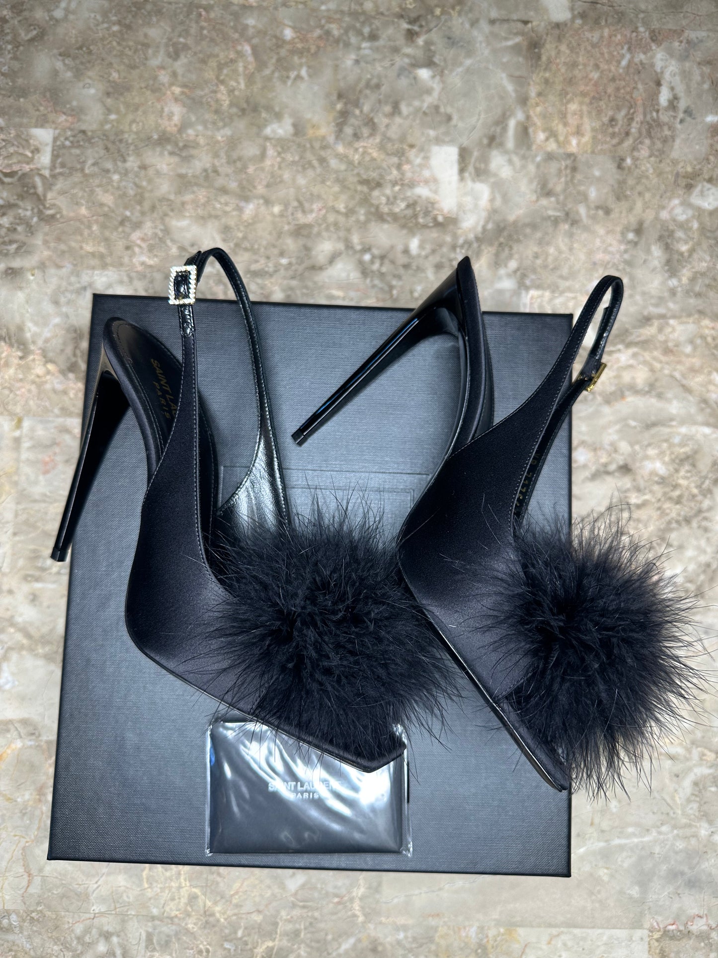 Saint Laurent “Mae” 110 Feather-Trim Slingback Sandals – Black Size 40