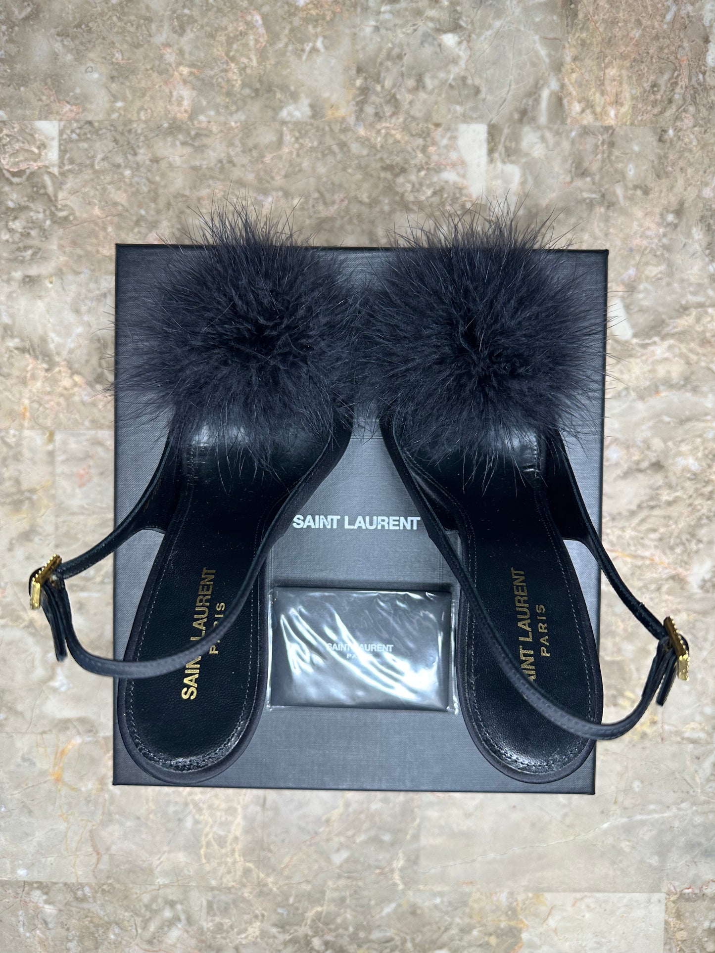 Saint Laurent “Mae” 110 Feather-Trim Slingback Sandals – Black Size 40