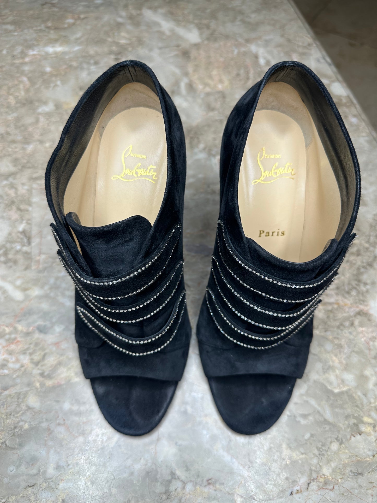 Christian Louboutin Triplica Strass 100 Suede Booties – Black Size 39.5