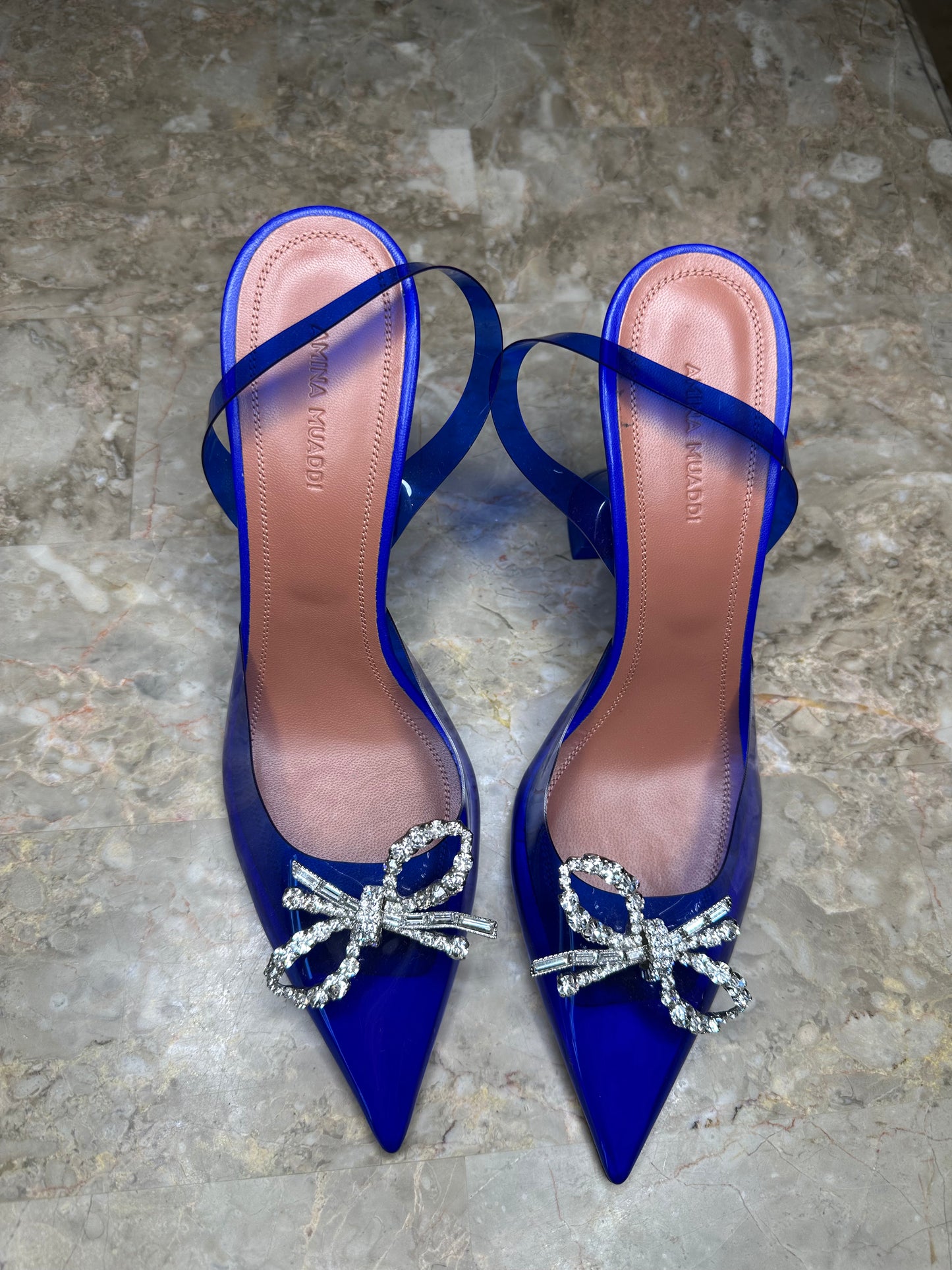 Amina Muaddi Begum Crystal Bow PVC Heels – Royal Blue Size 40