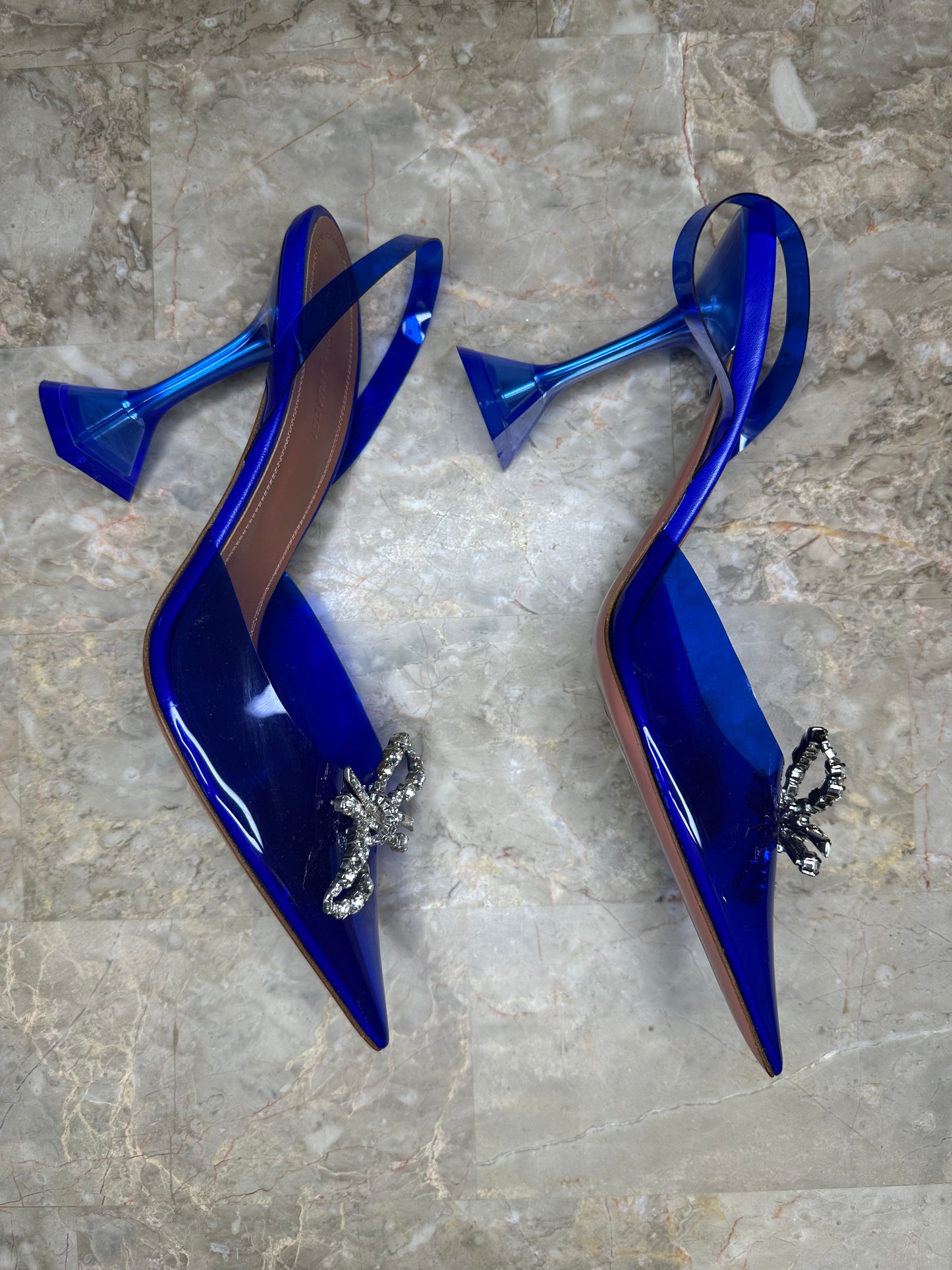 Amina Muaddi Begum Crystal Bow PVC Heels – Royal Blue Size 40