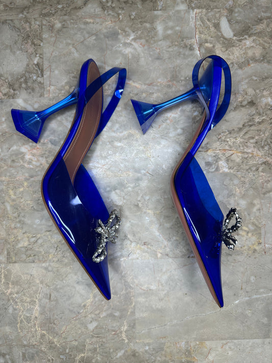 Amina Muaddi Begum Crystal Bow PVC Heels – Royal Blue Size 40