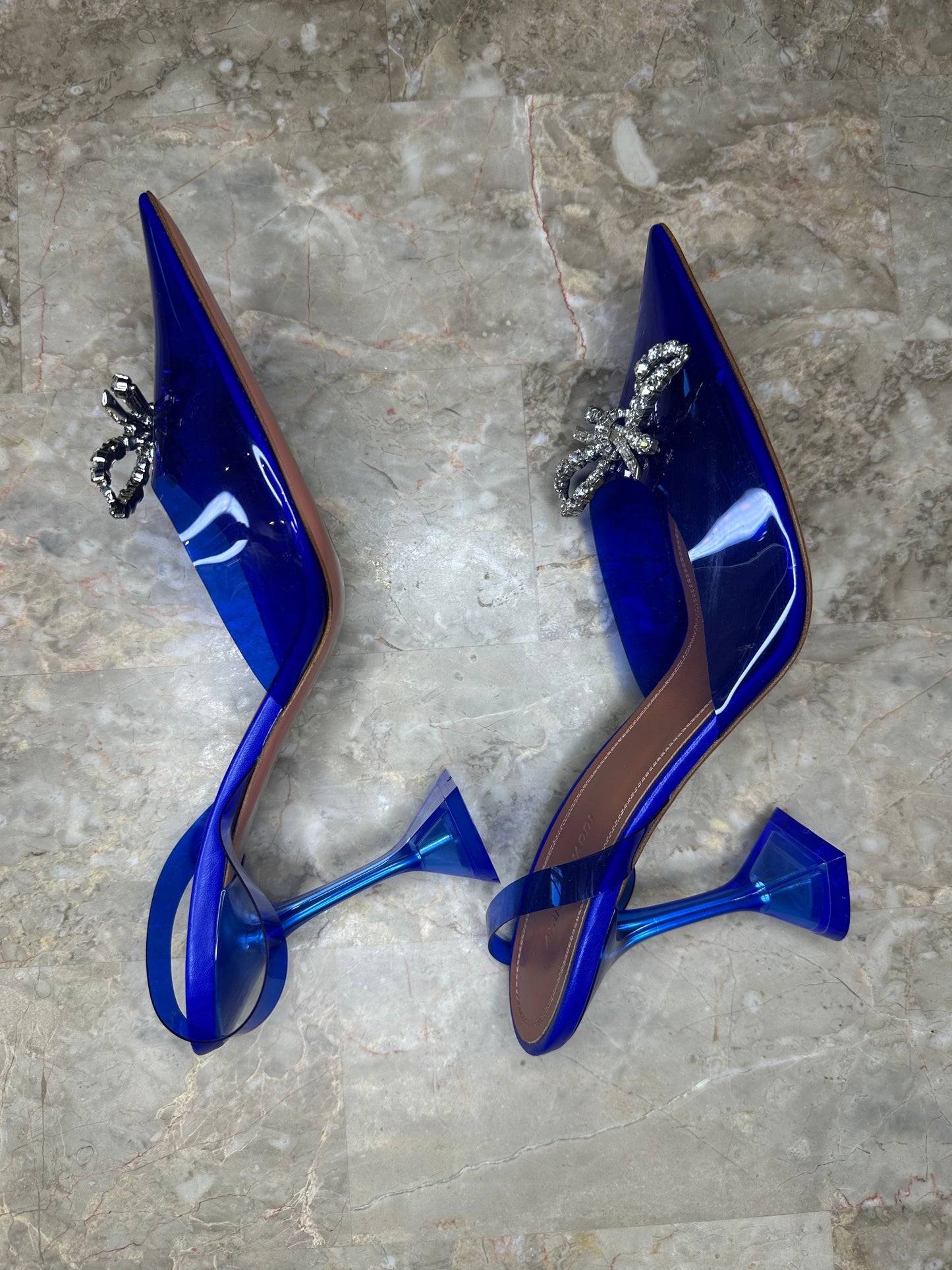 Amina Muaddi Begum Crystal Bow PVC Heels – Royal Blue Size 40