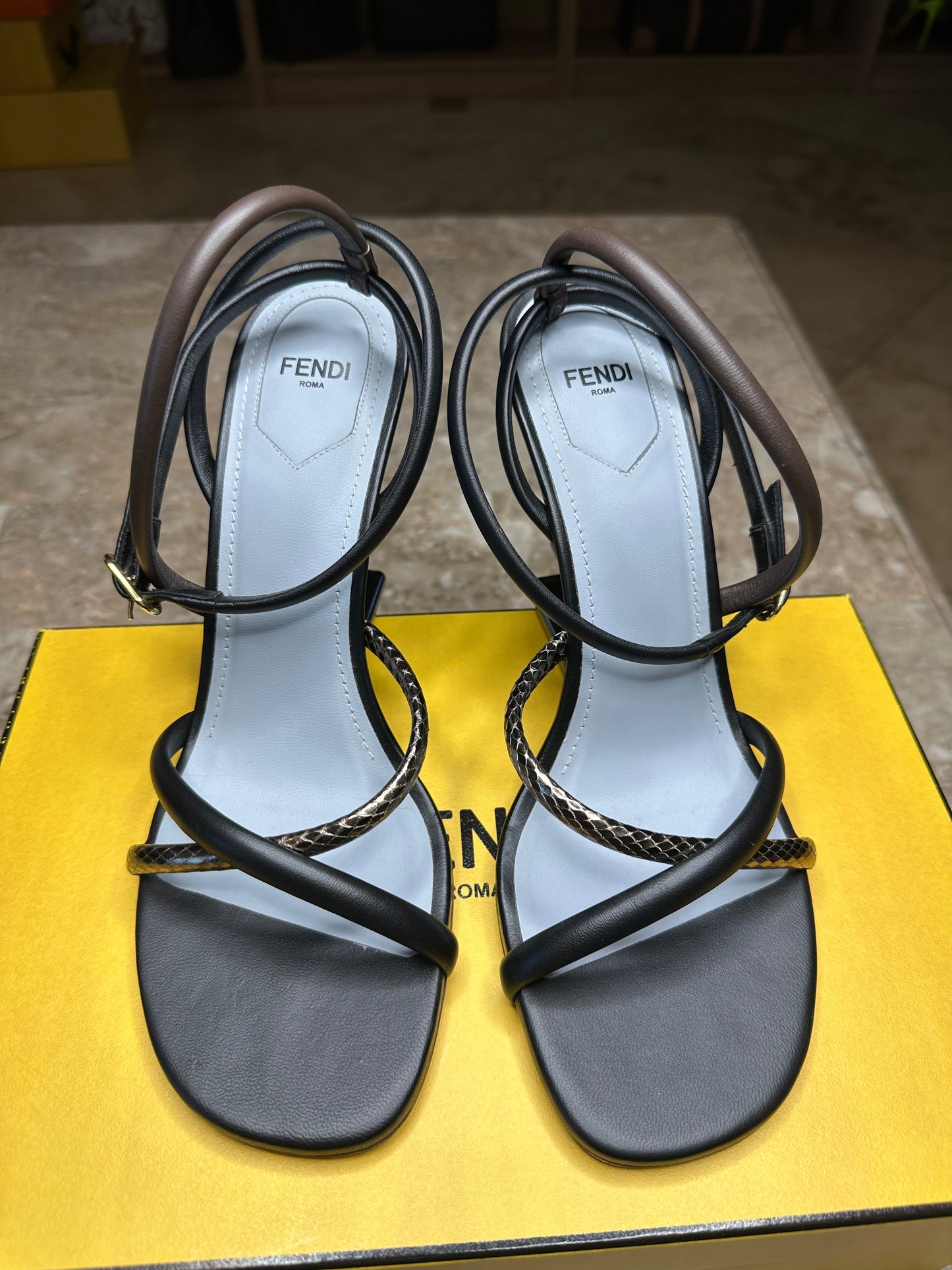 Fendi First 95 Strappy Leather Sandals – Black & Metallic Size 40