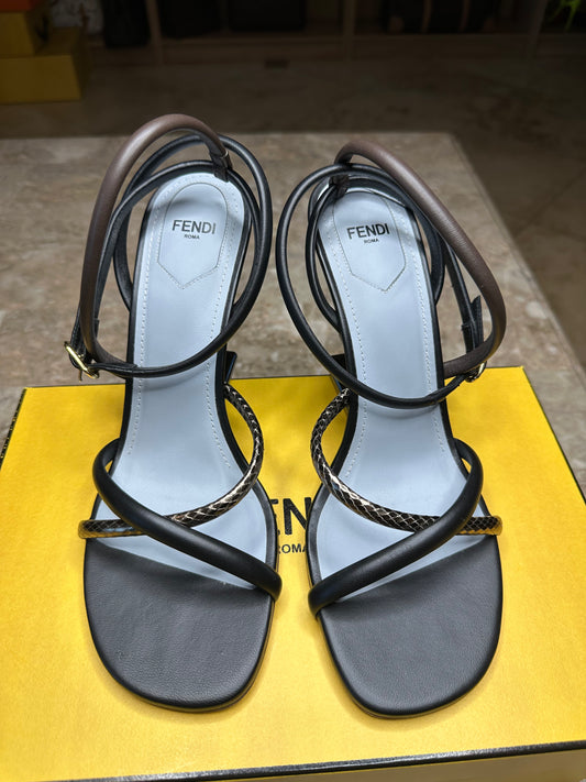 Fendi First 95 Strappy Leather Sandals – Black & Metallic Size 40