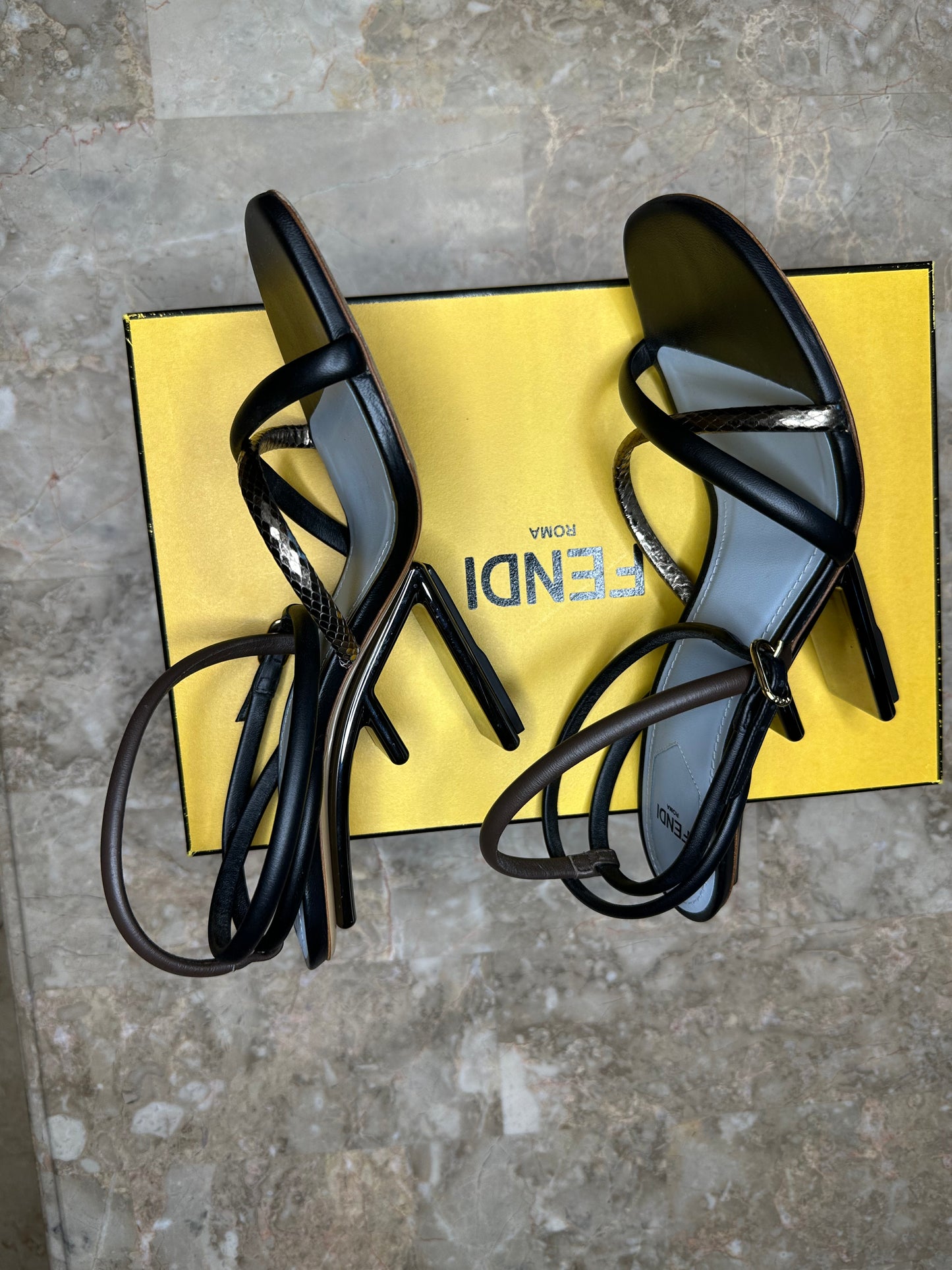 Fendi First 95 Strappy Leather Sandals – Black & Metallic Size 40